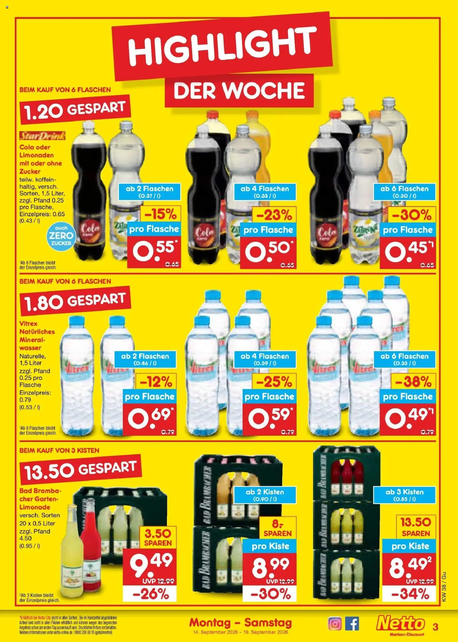 Netto Marken-Discount Prospekt Augustusburg – gültig ab 14.09.2026 | Seite: 3 | Produkte: Cola, Limonade, Wasser, Zucker