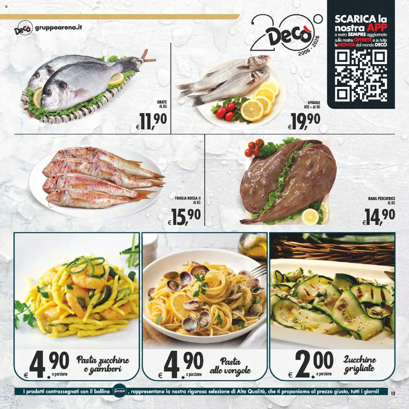 Volantino Decò del 28.04.2026 | Pagina: 13 | Prodotti: Gamberi, Pasta, Zucchine, Rana pescatrice