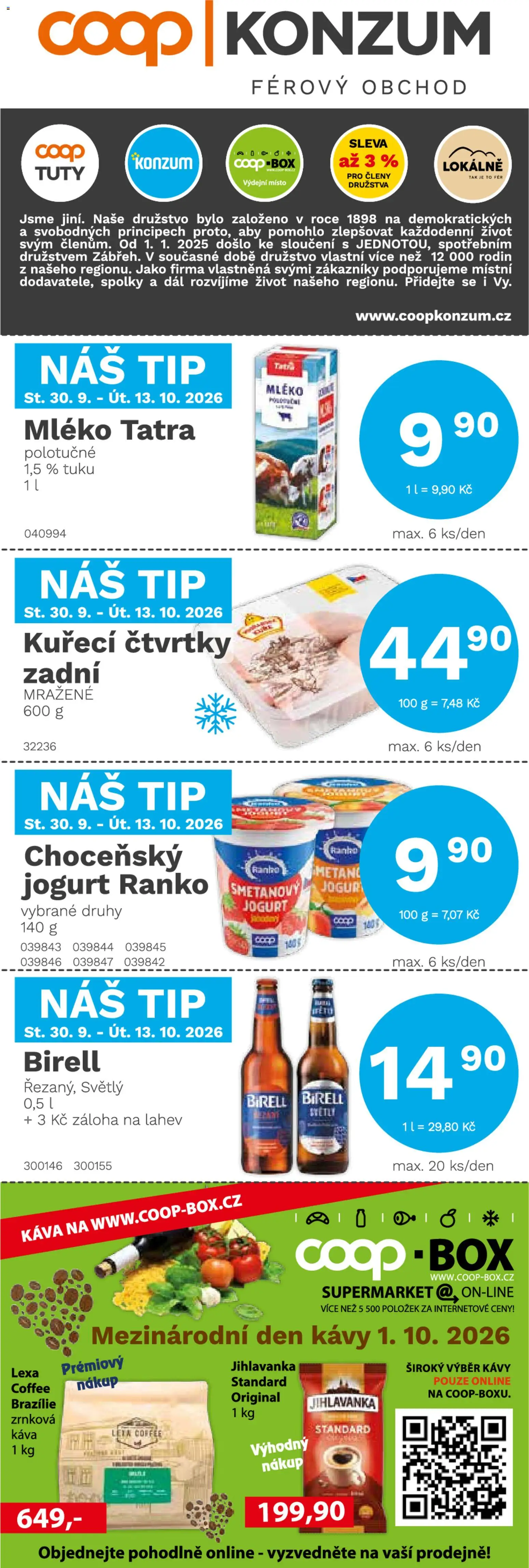 Konzum leták od 30.09.2026 | Strana: 1 | Produkty: Birell, Káva, Kuřecí čtvrtky, Jihlavanka
