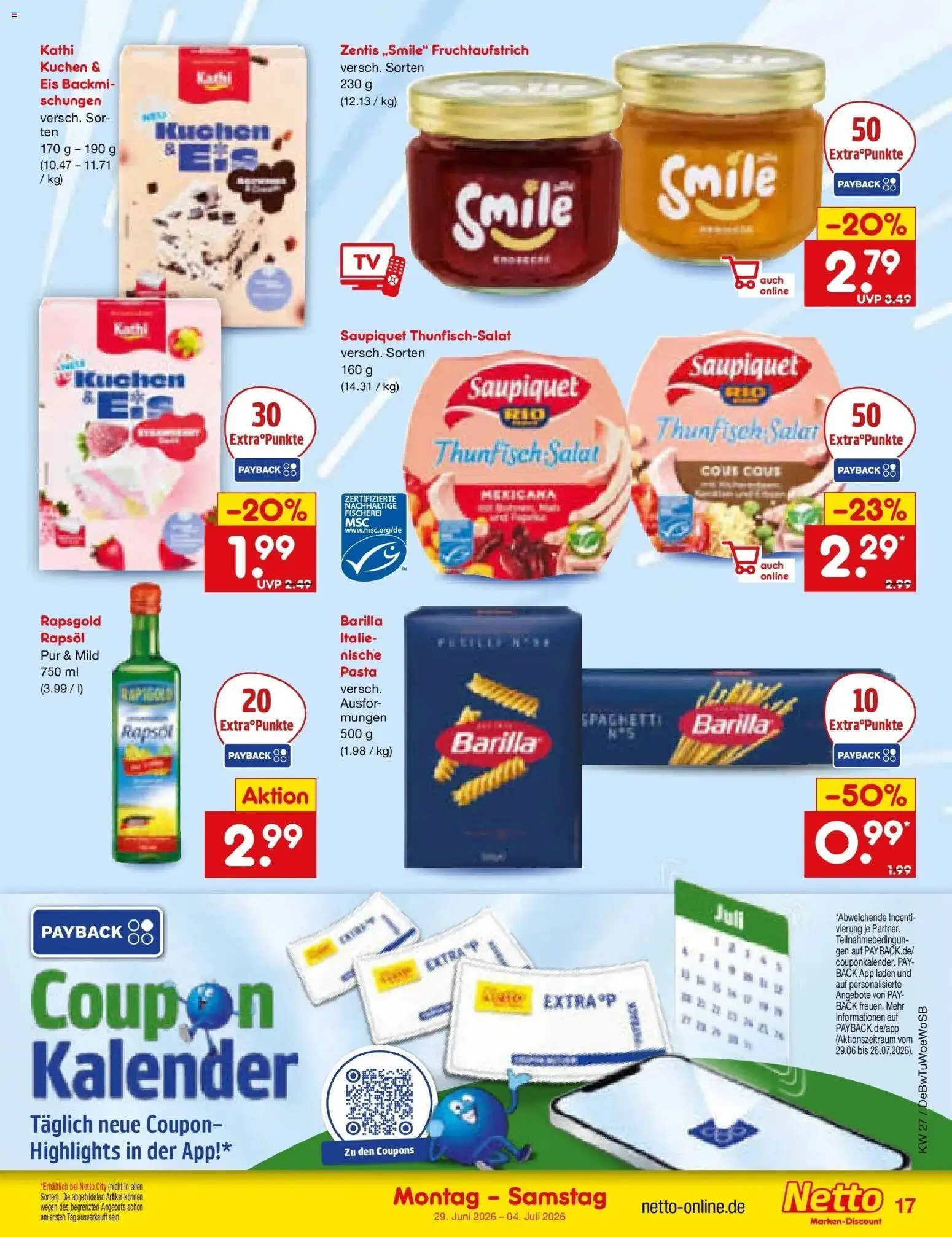 Netto Marken-Discount Prospekt Waiblingen-Bittenfeld – gültig ab 28.06.2026 | Seite: 23 | Produkte: Barilla, Rapsöl, Pasta, Kuchen