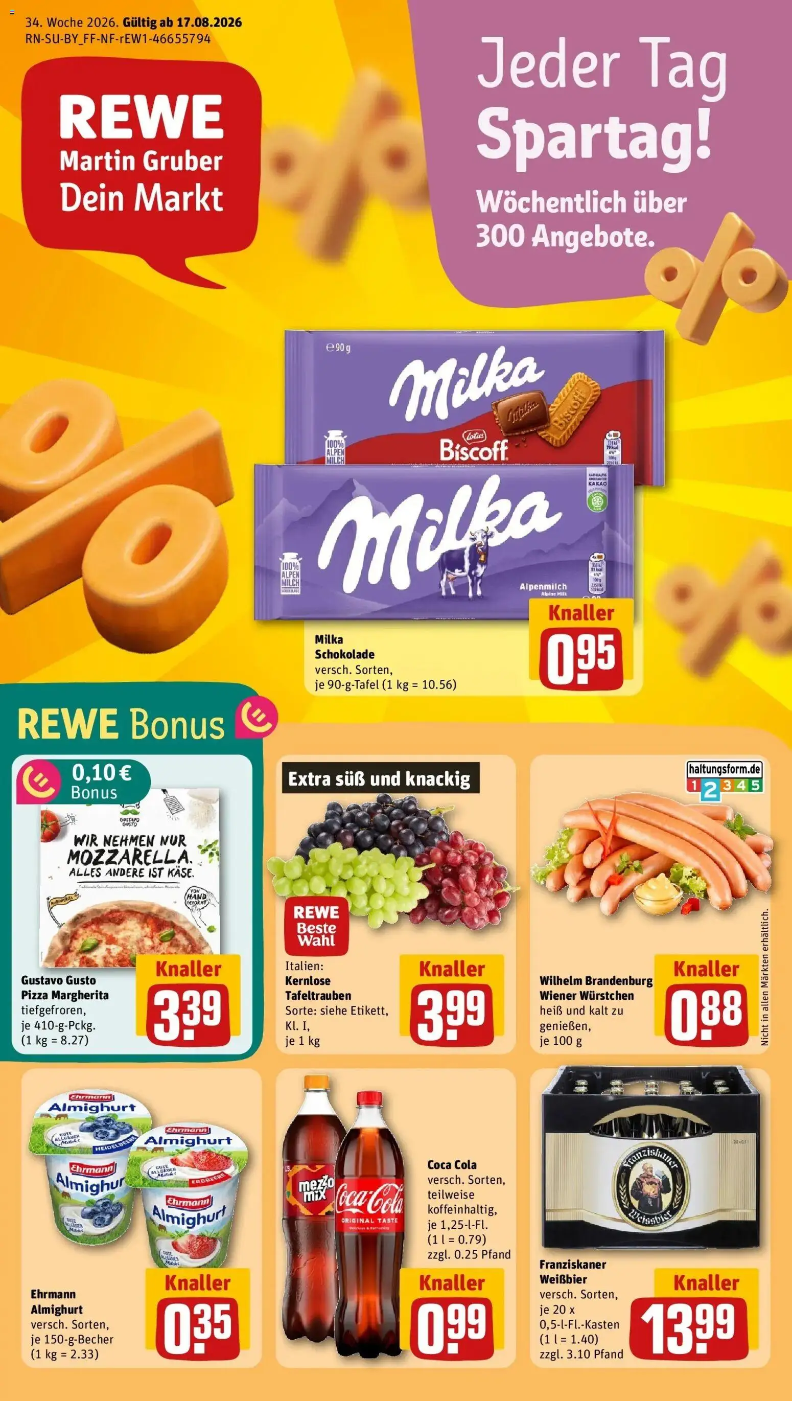 REWE Prospekt ab 17.08.2026 zum Blättern » Angebote | Seite: 1 | Produkte: Coca cola, Ehrmann almighurt, Schokolade, Mozzarella