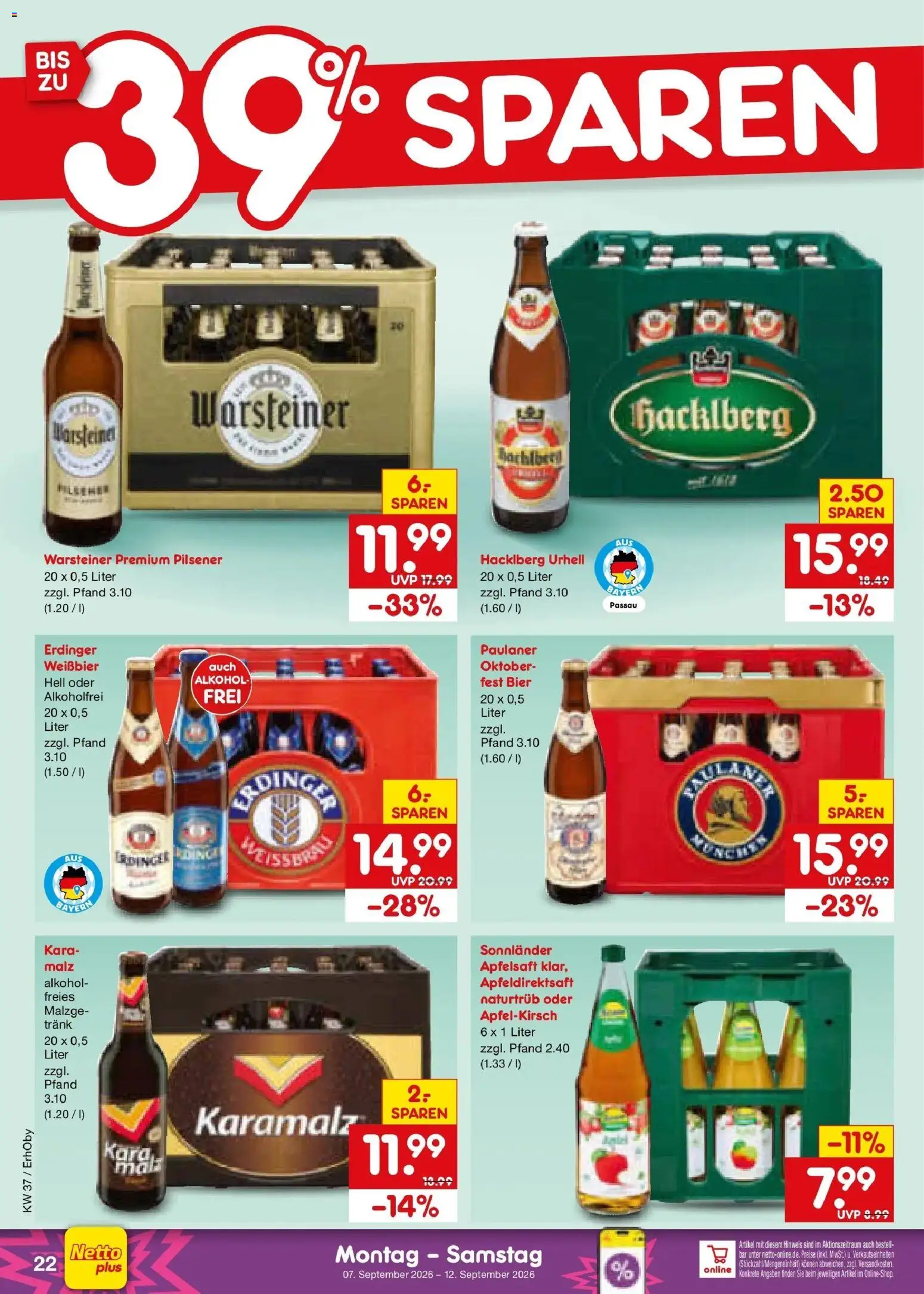 Netto Marken-Discount Prospekt München – gültig ab 07.09.2026 | Seite: 32 | Produkte: Erdinger, Bier, Alkohol, Warsteiner