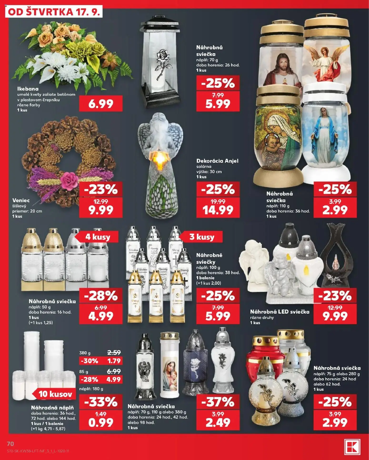 Nové Kaufland akcie – leták je platný od 17.09.2026 | Strana: 70 | Produkty: Náhrobné sviečky, Led, Sviečky, Kvety