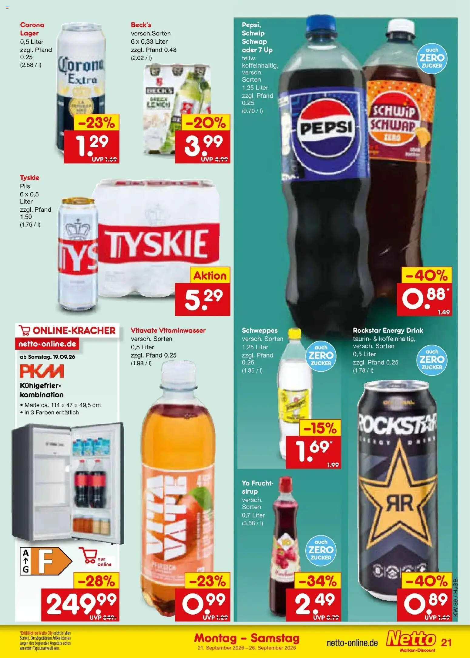 Netto Marken-Discount Prospekt Unna – gültig ab 21.09.2026 | Seite: 29 | Produkte: Rockstar energy, Tyskie, Schweppes, Zucker