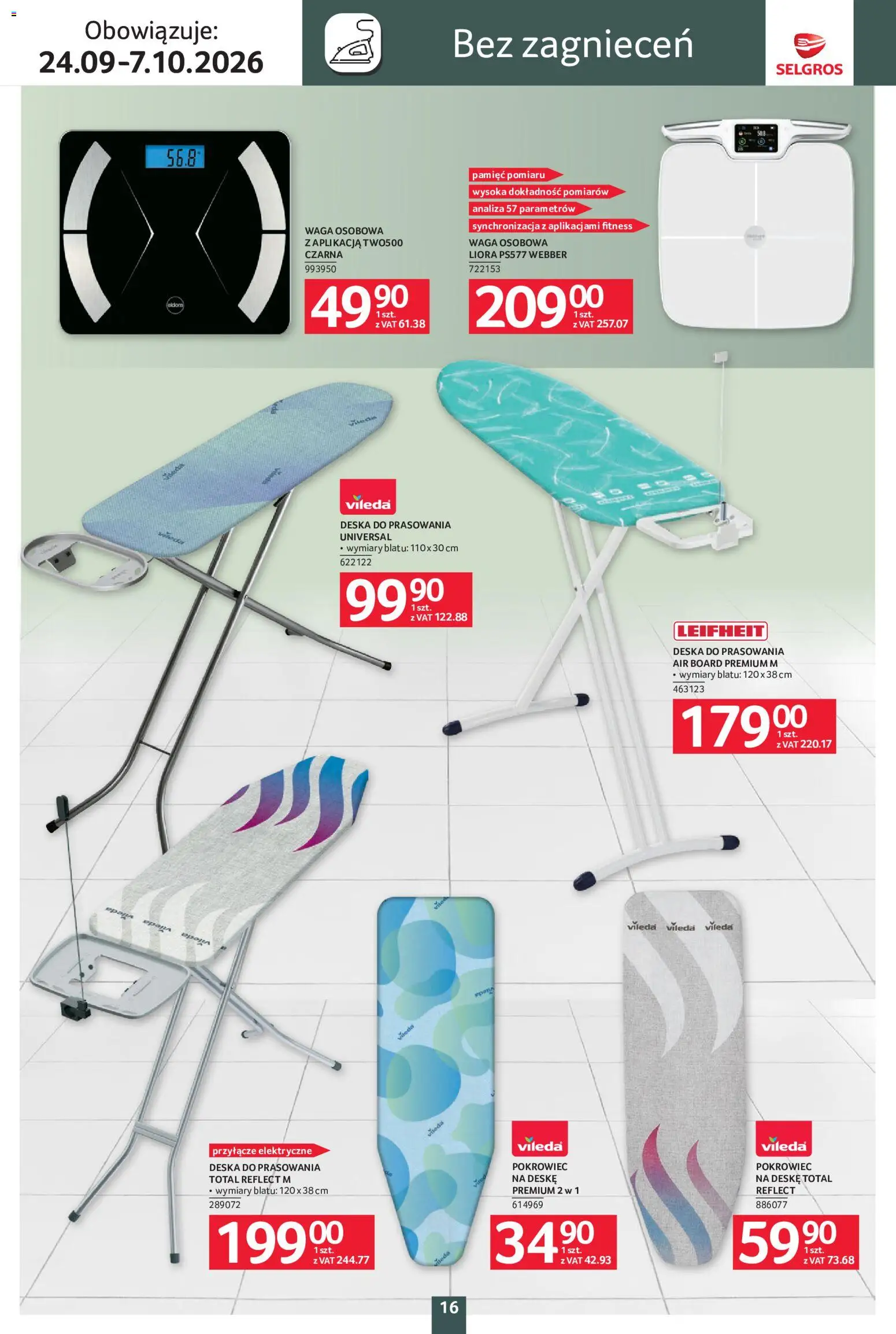 Selgros cash&carry gazetka - Home deco od 24.09.2026 | Strona: 16 | Produkty: Waga, Deska do prasowania, Vileda