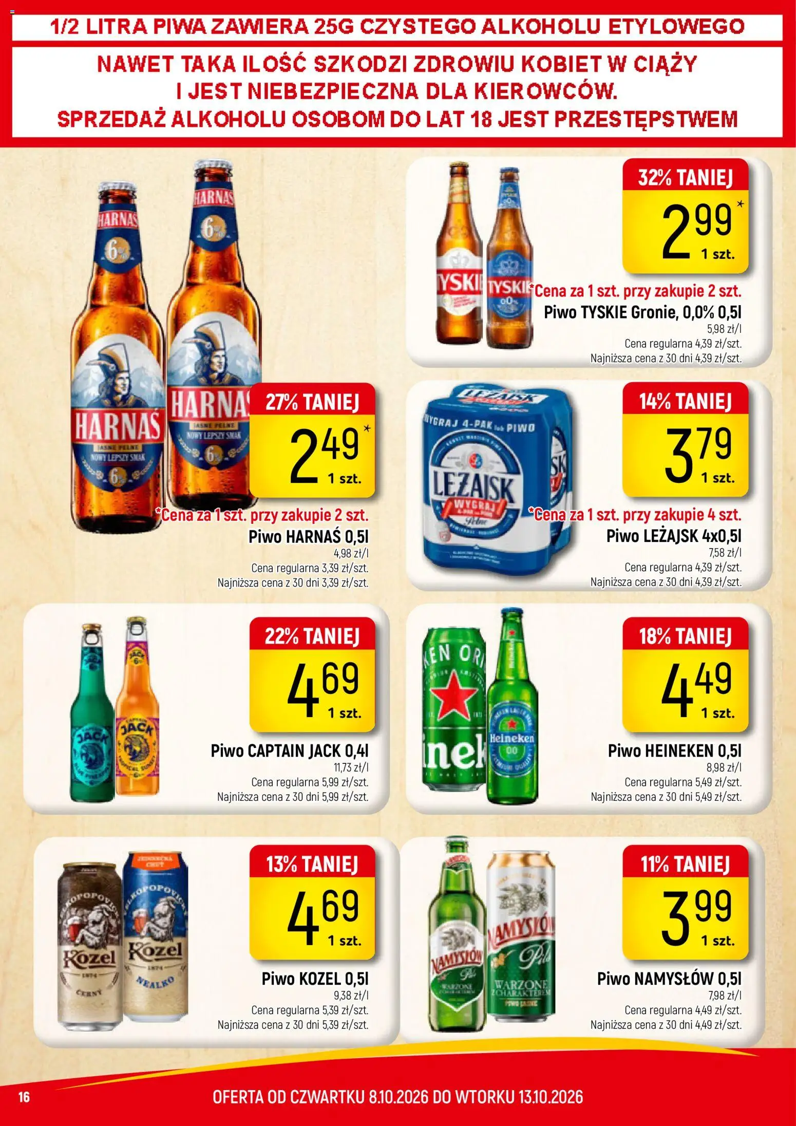 Piotruś Pan gazetka od 10.10.2026 | Strona: 16 | Produkty: Piwo tyskie, Piwo Heineken, Harnaś, Piwo kozel