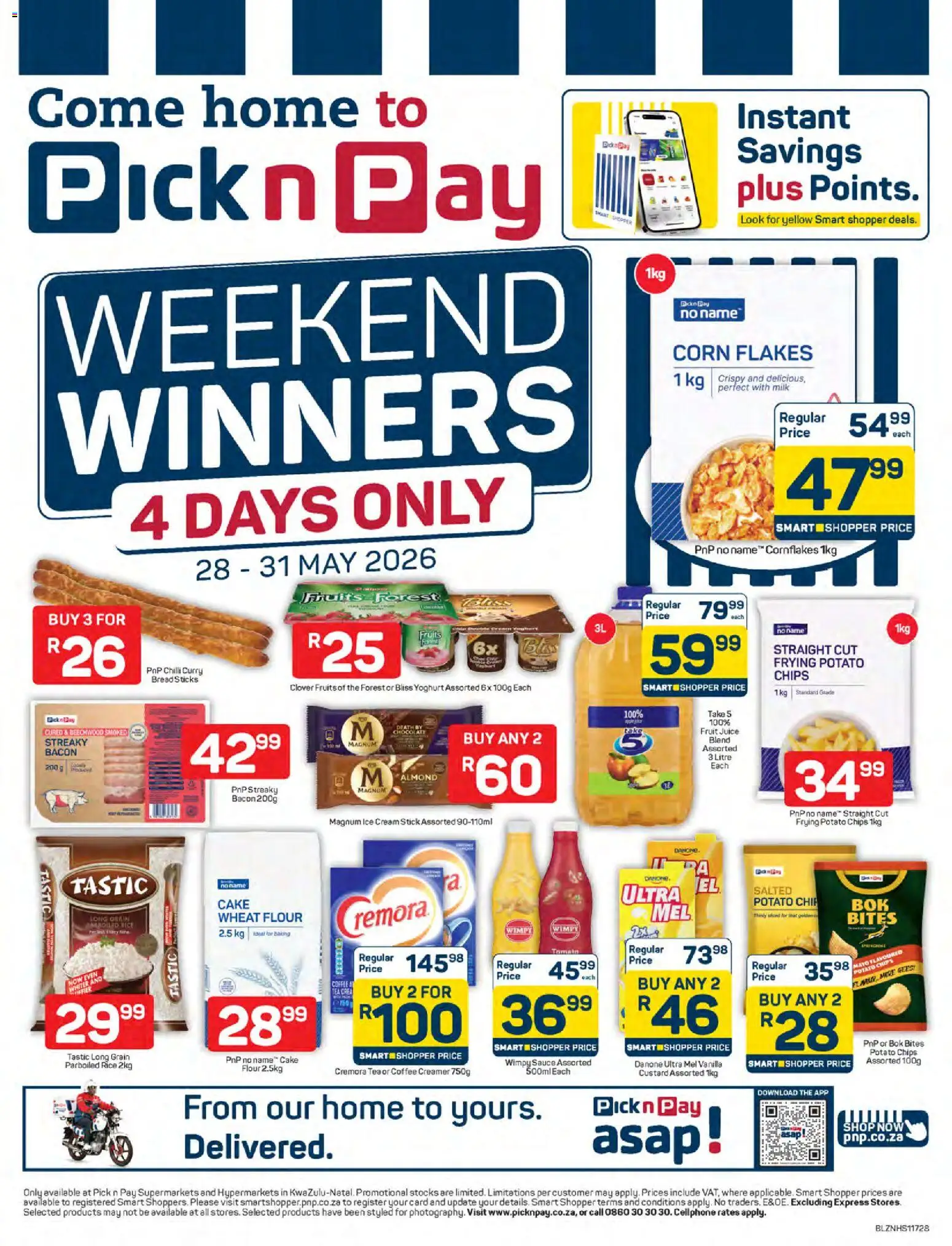 New Pick n Pay catalogue – valid from 28.05.2026 | Page: 1 | Products: Custard, Milk, Juice, Ice cream