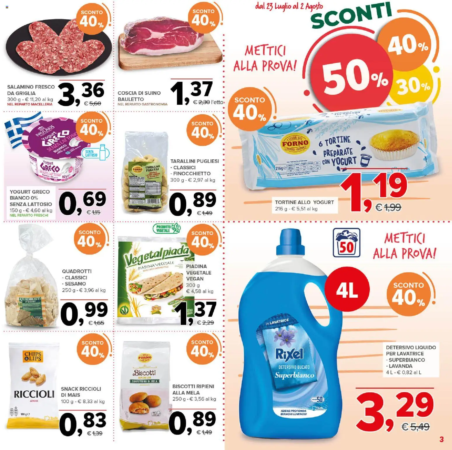 Volantino Todis del 23/07/2026 | Pagina: 3 | Prodotti: Yogurt senza lattosio, Yogurt, Suino, Mais