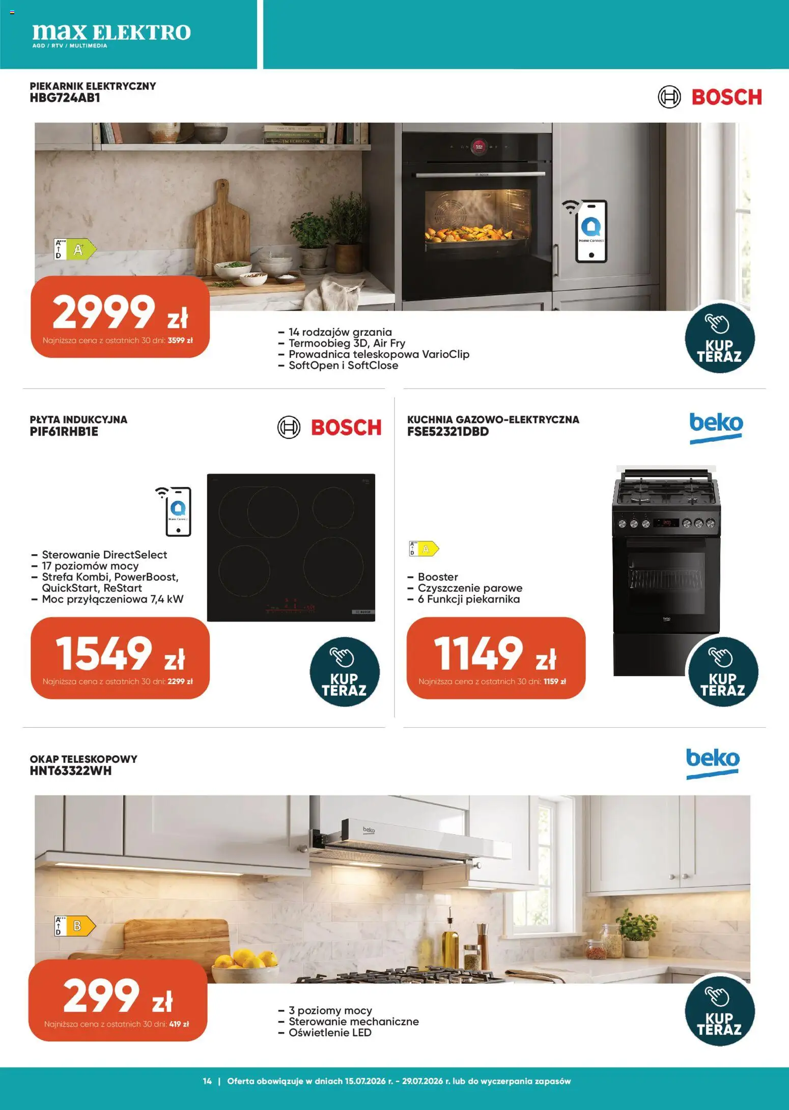 Max elektro gazetka od 15.07.2026 | Strona: 14 | Produkty: Płyta indukcyjna, Piekarnik, Okap