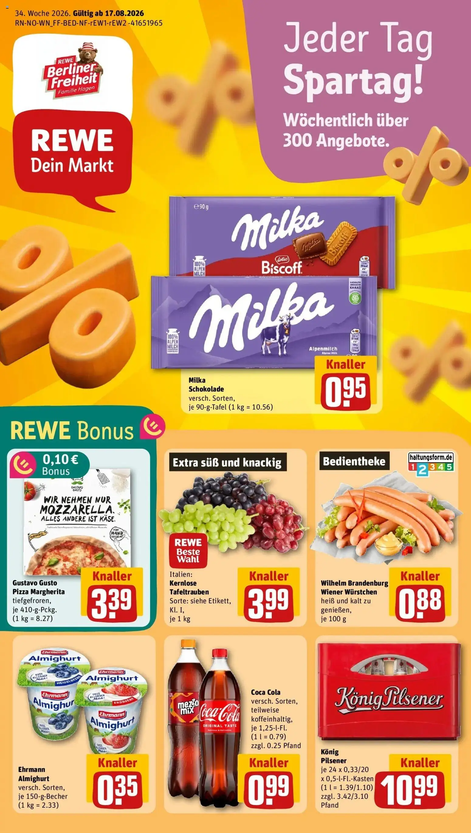REWE Prospekt ab 17.08.2026 zum Blättern » Angebote | Seite: 1 | Produkte: Ehrmann almighurt, Cola, Milka, Pizza