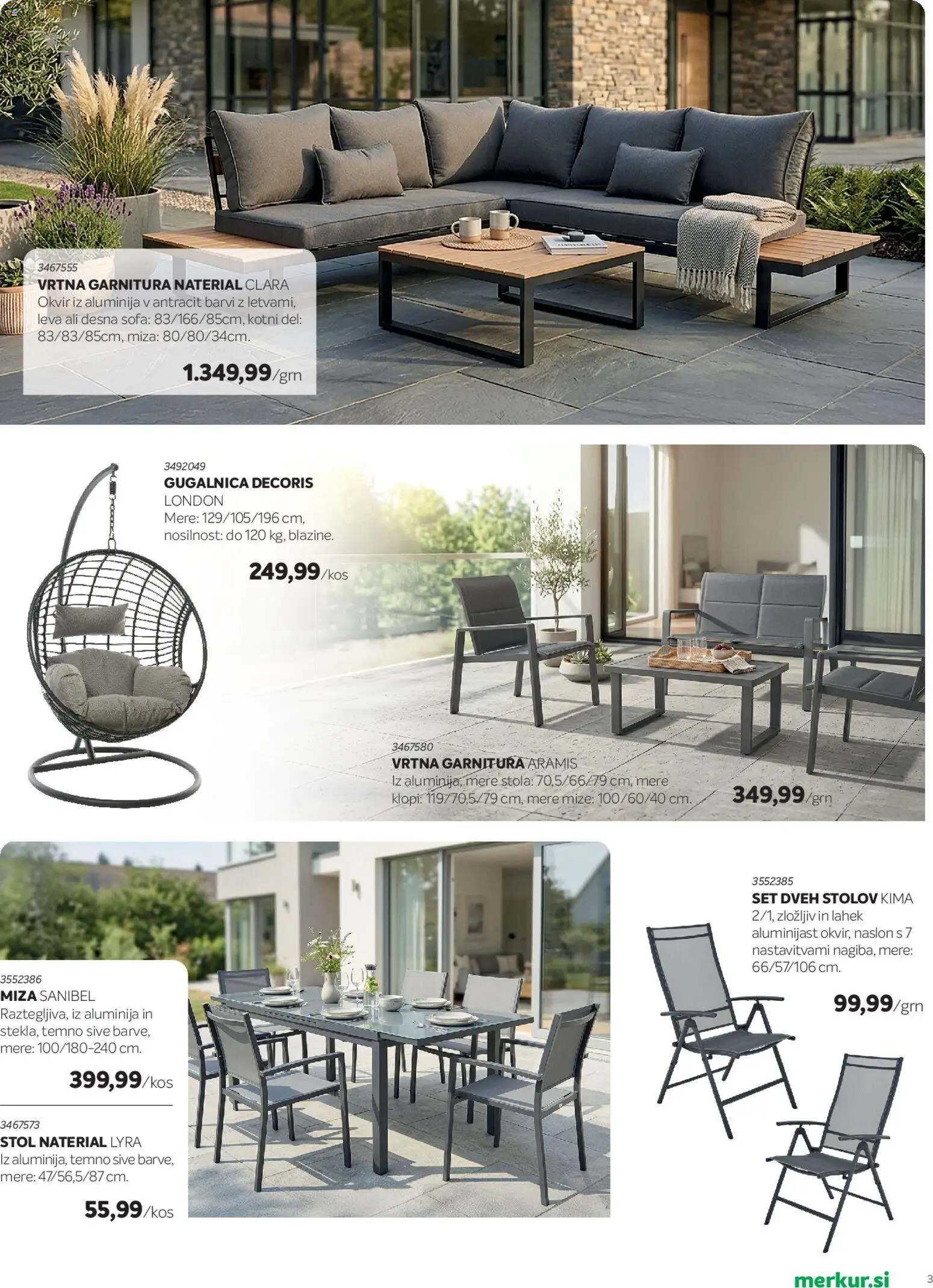 Novi Merkur katalog ponudbe – veljaven od 15.04.2026 | Stran: 3 | Izdelki: Vrtna garnitura, Okvir, Stol, Gugalnica