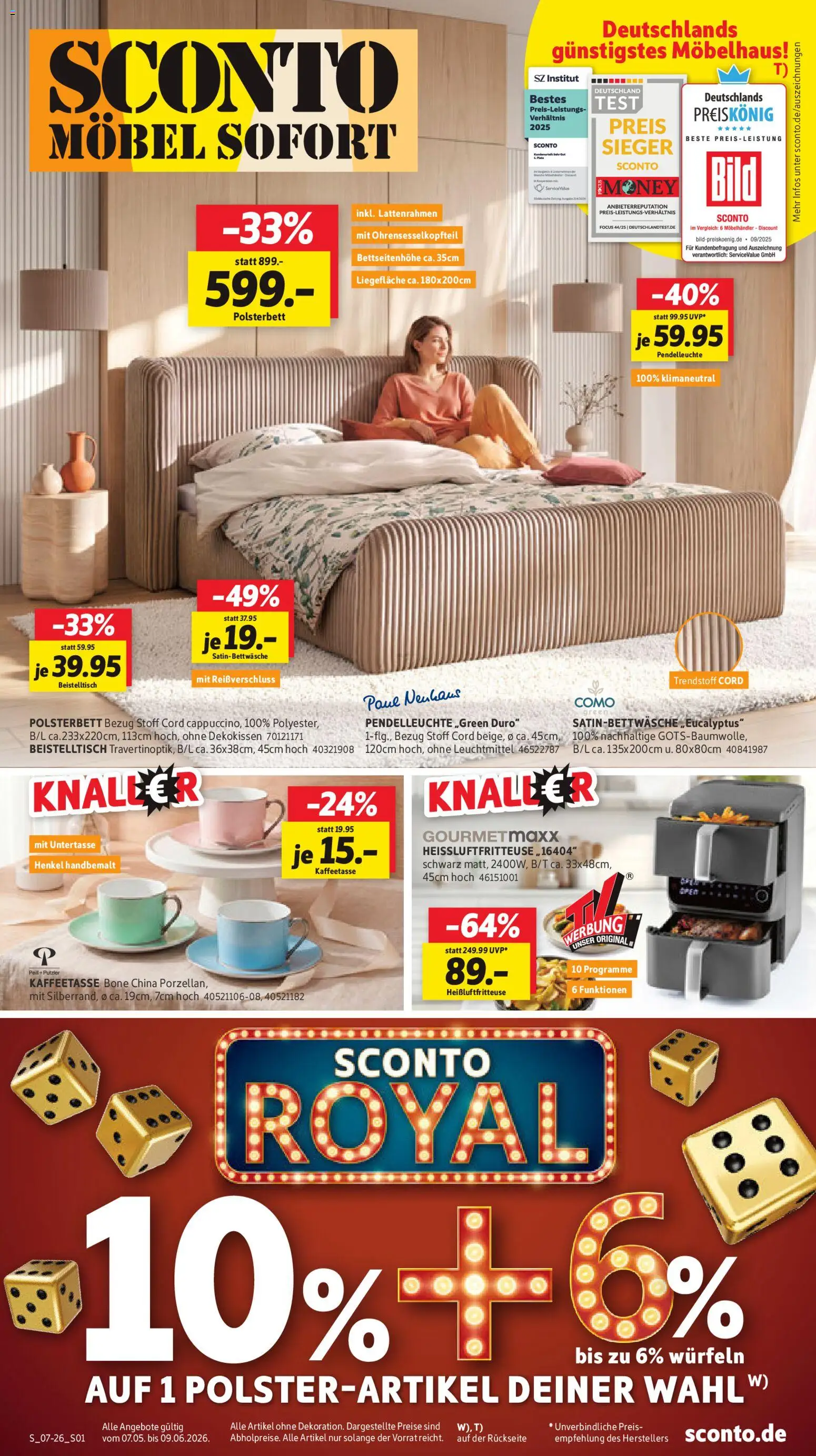 Sconto Prospekt 	 – gültig ab 07.05.2026 | Seite: 1 | Produkte: Beistelltisch, Polsterbett, Heißluftfritteuse