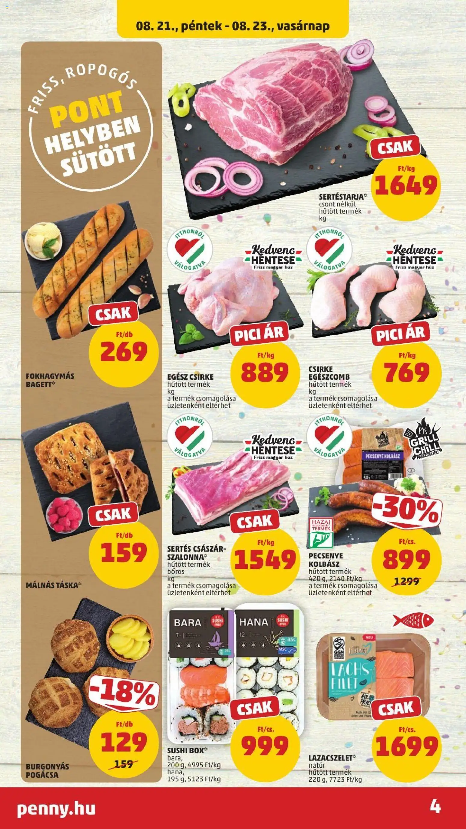 PENNY akciós ujság - amely érvényes a következő dátumtól: 2026.08.21. | Oldal: 6 | Termékek: Hús, Egész csirke, Csirke, Sushi