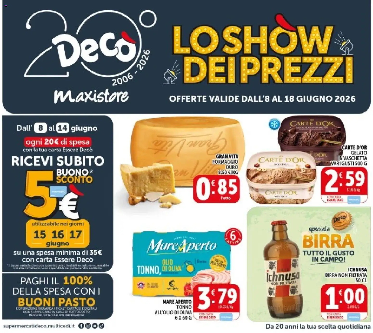 Volantino Decò del 08.06.2026 | Pagina: 1 | Prodotti: Birra, Formaggio, Olio, Tonno