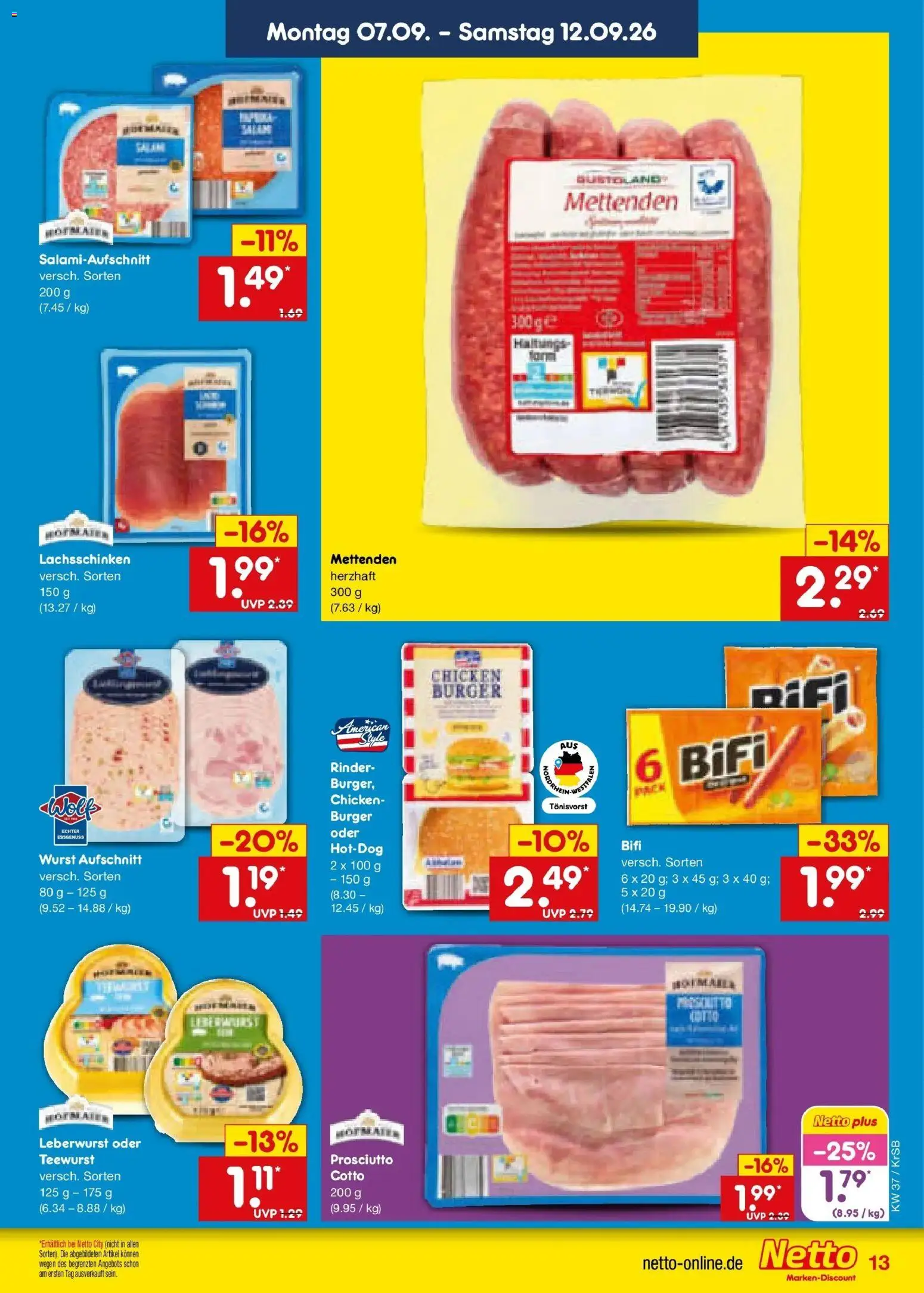 Netto Marken-Discount Prospekt Baesweiler – gültig ab 07.09.2026 | Seite: 19 | Produkte: Bifi, Burger, Wurst