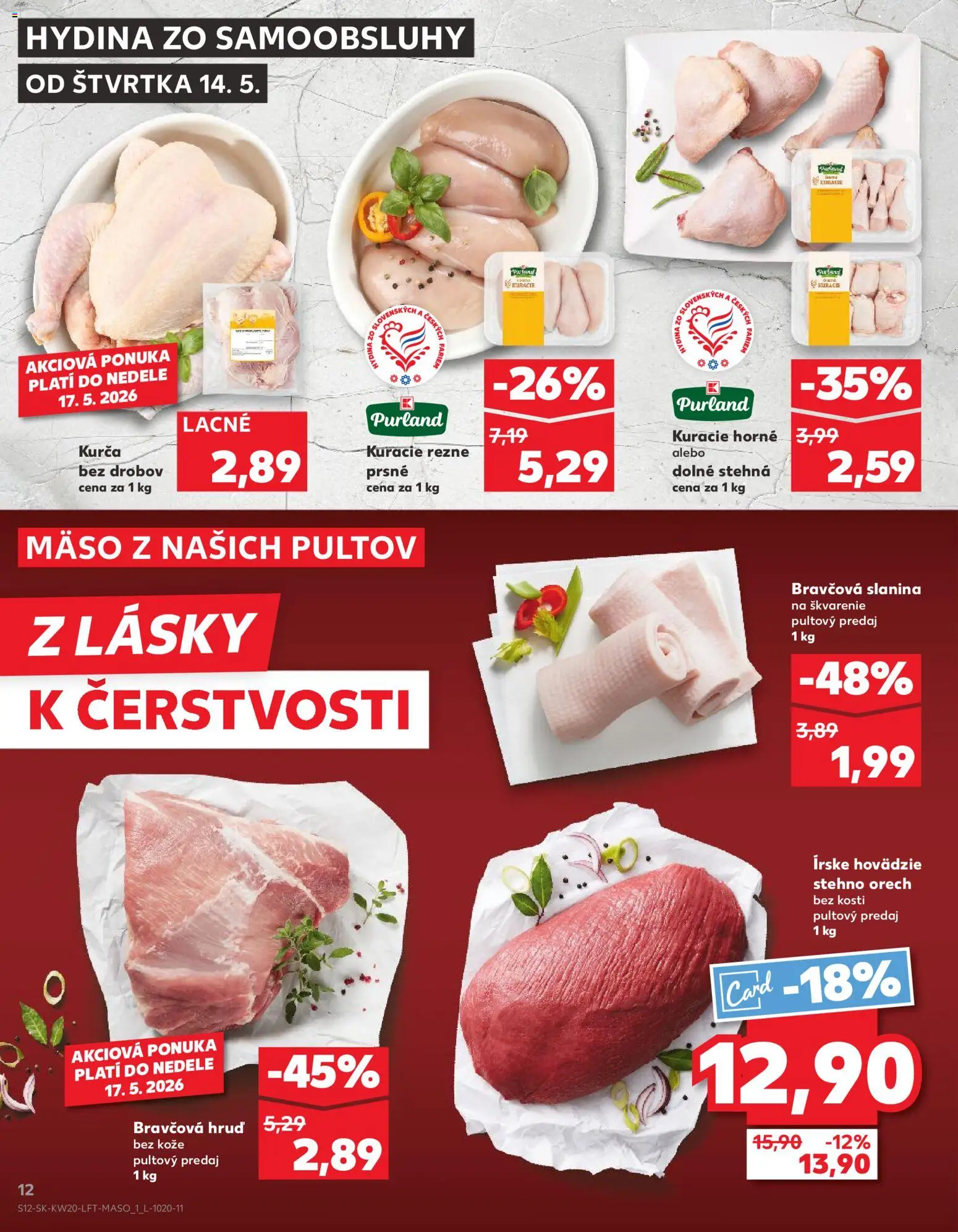 Nové Kaufland akcie – leták je platný od 14.05.2026 | Strana: 12 | Produkty: Slanina, Kuracie rezne, Kurča