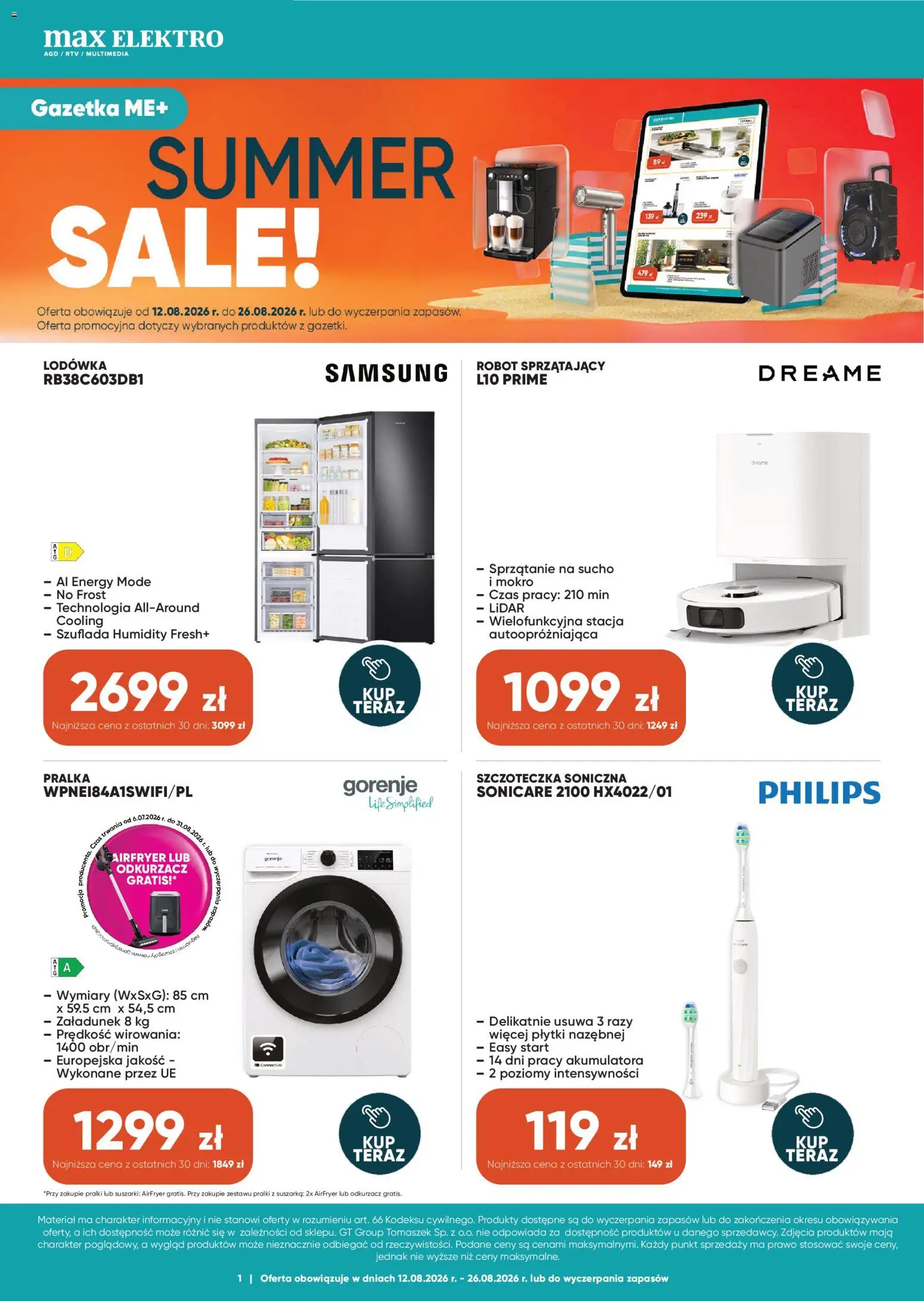 Max elektro gazetka od 12.08.2026 | Strona: 1 | Produkty: Odkurzacz, Robot, Płytki, Robot sprzątający