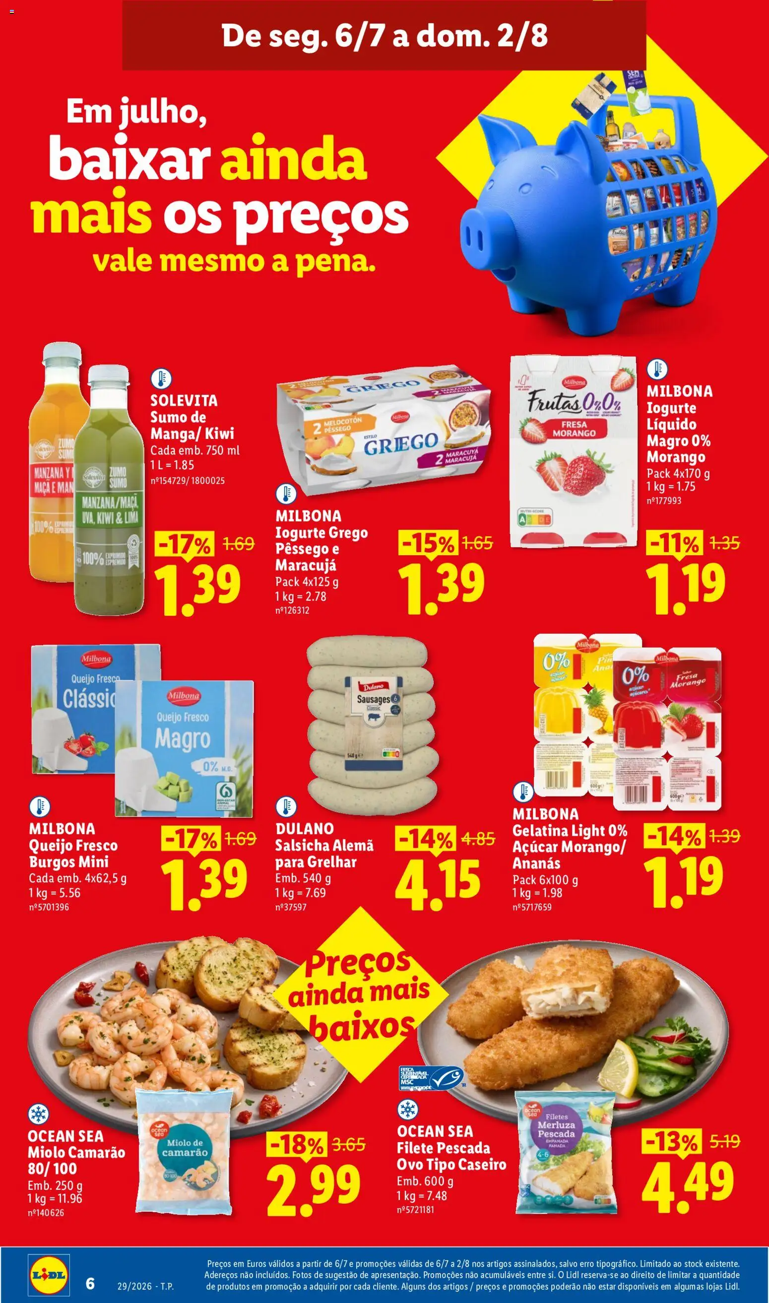 Lidl folheto │ válido de 13/07/2026 | Página: 4 | Produtos: Salsicha, Lima, Iogurte liquido, Filete