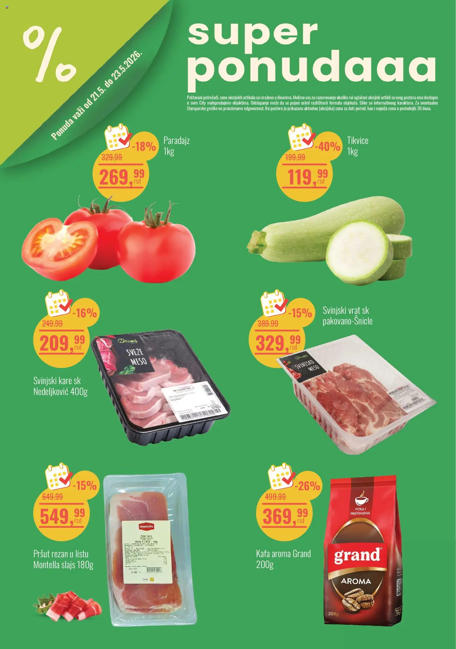 Aroma Market katalog - važi od 21.05.2026 | Strana: 1 | Proizvode: Svinjski kare, Svinjsko meso, Svinjski vrat, Kafa