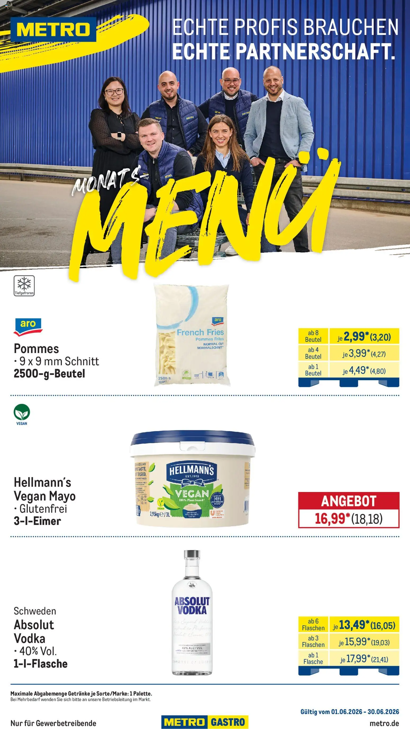 Metro Monats-Menü – gültig ab 01.06.2026 | Seite: 1 | Produkte: Pommes, Pommes frites, Mayonnaise, Vodka