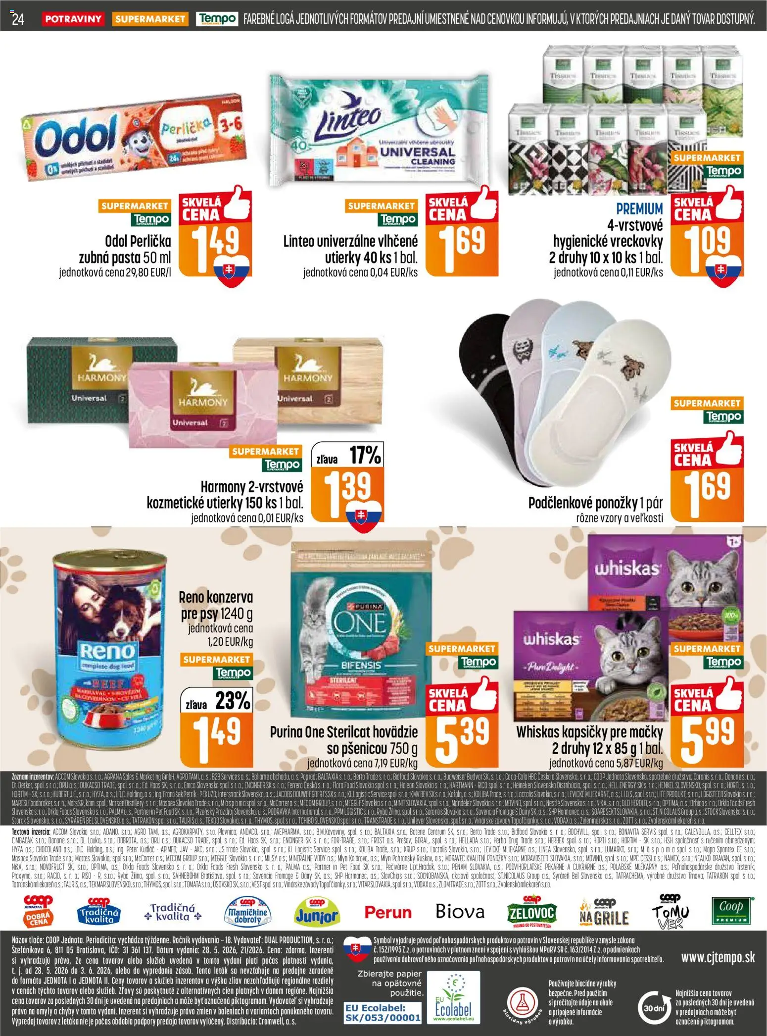 Nové COOP Jednota akcie – leták je platný od 28.05.2026 | Strana: 24 | Produkty: Budvar, Ryba, Ponožky, Flora