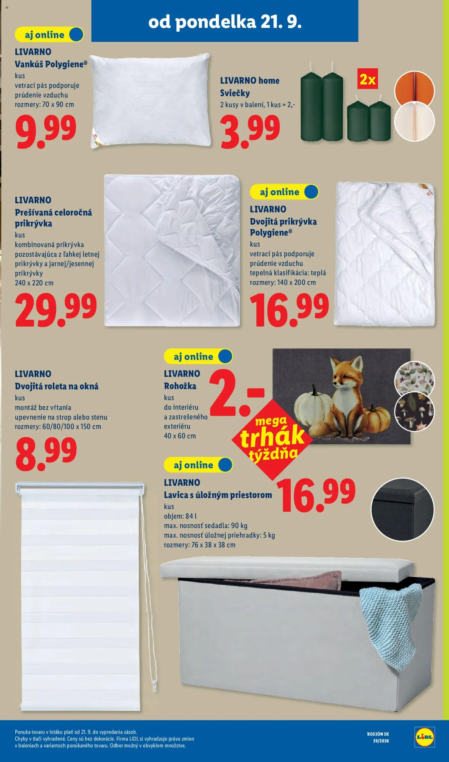 Nové Lidl akcie – leták je platný od 21.09.2026 | Strana: 63 | Produkty: Pás, Rohožka, Vankúš, Lavica s úložným priestorom