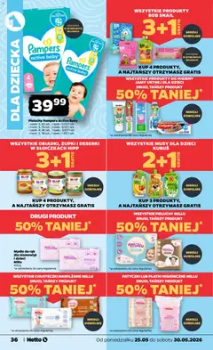 Pogląd oferty "Netto gazetka od poniedziałku spożywcza" - ważna od 25.05.2026 | Strona: 36 | Produkty: Pieluchy Pampers Active Baby, Pampers, Bób, Mydło