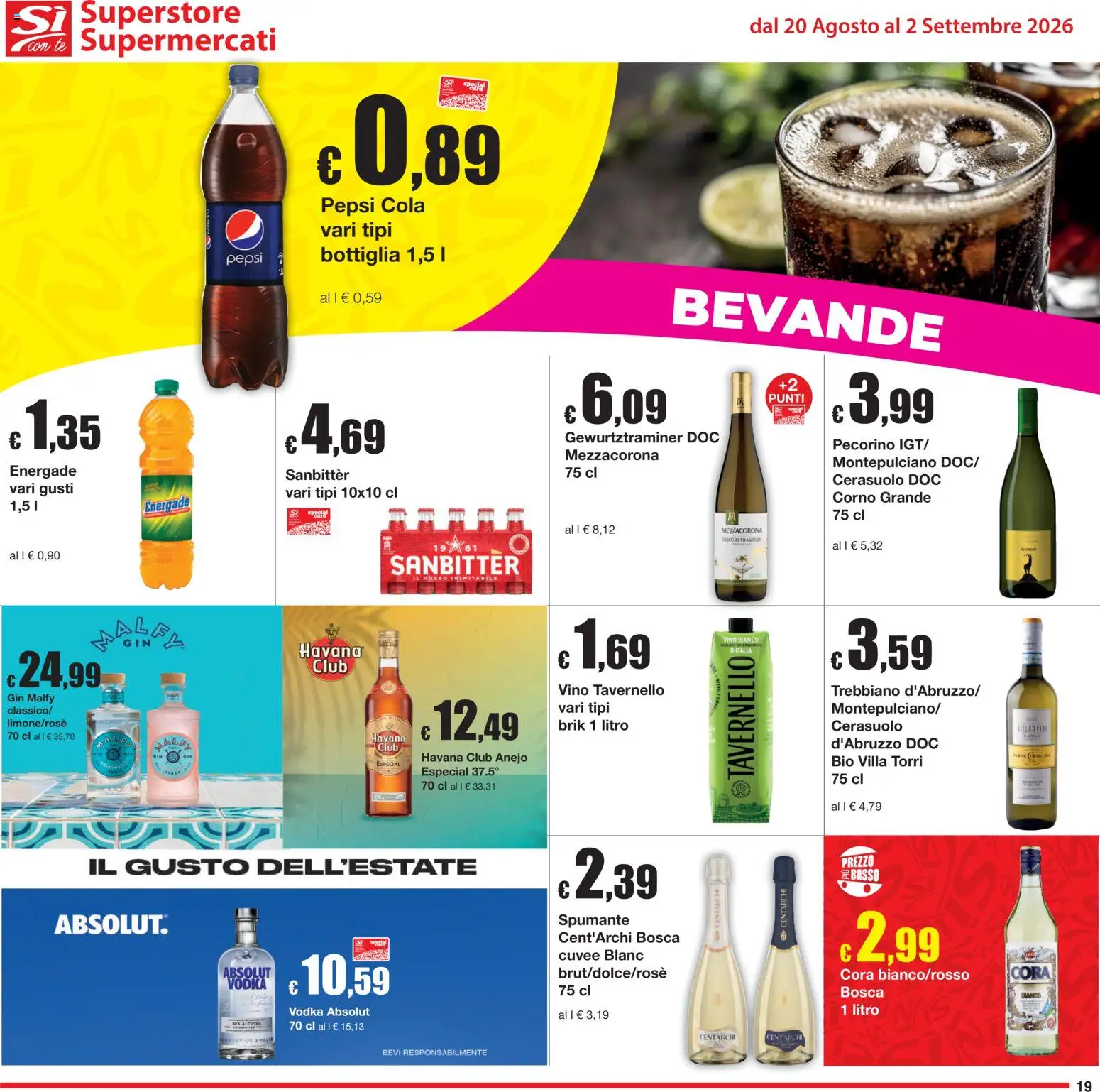 Volantino Sì con Te del 20/08/2026 | Pagina: 19 | Prodotti: Vodka Absolut, Spumante, Basso, Pecorino