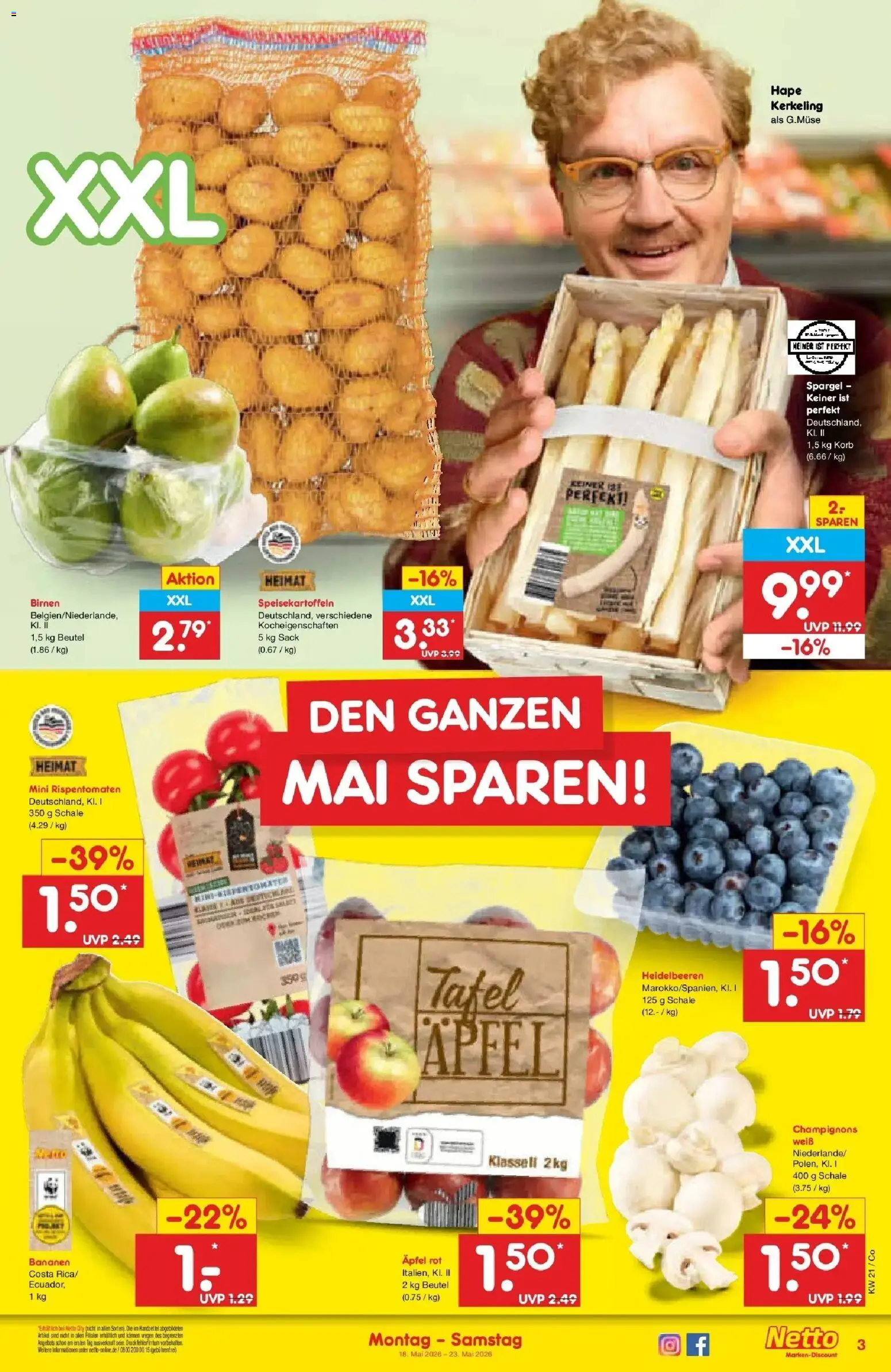 Netto Marken-Discount Prospekt Bitterfeld-Wolfen	 – gültig ab 17.05.2026 | Seite: 3 | Produkte: Korb, Äpfel, Spargel, Champignons