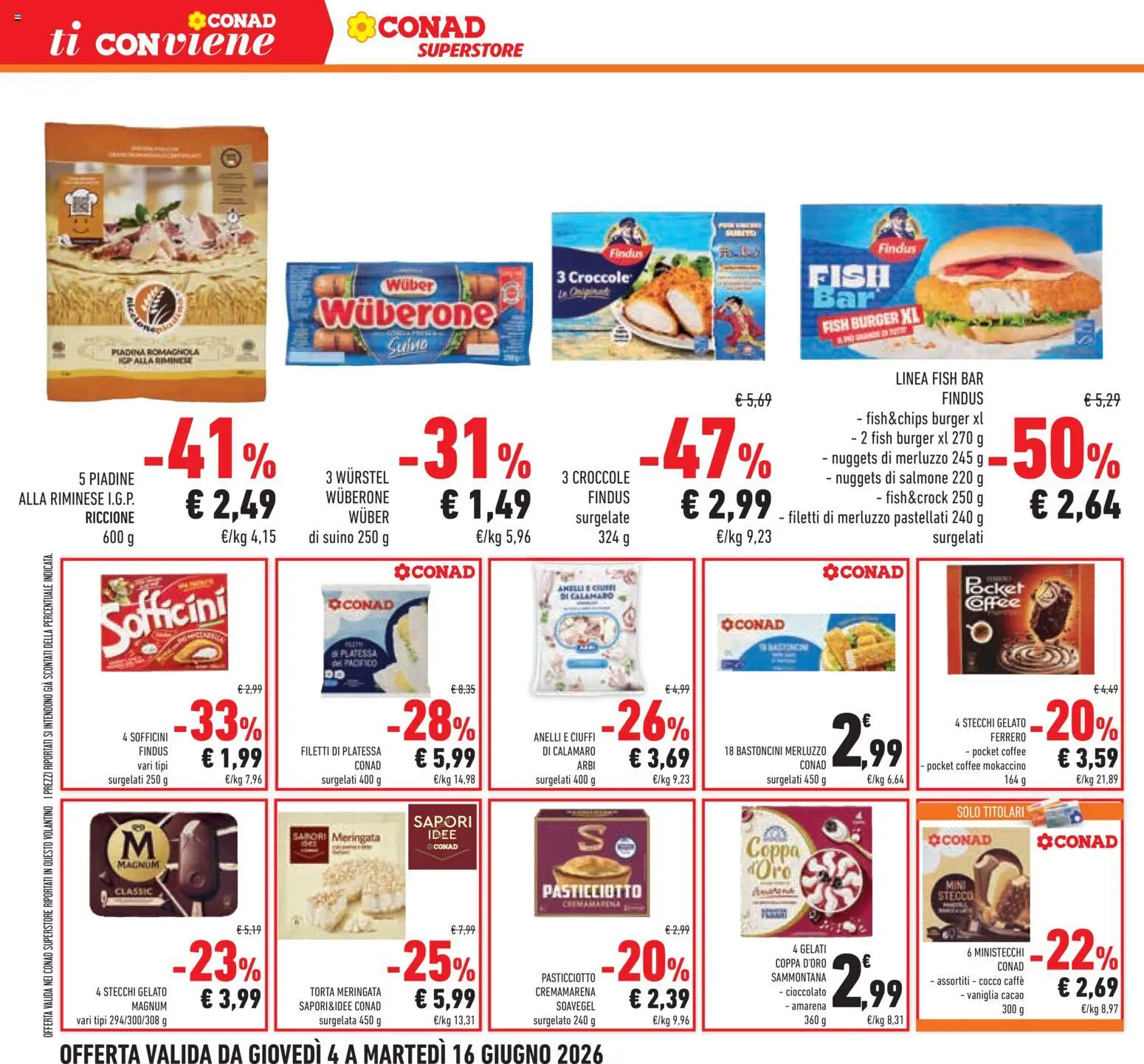 Volantino Conad del 04.06.2026 | Pagina: 26 | Prodotti: Salmone, Merluzzo, Calamari, Amarena