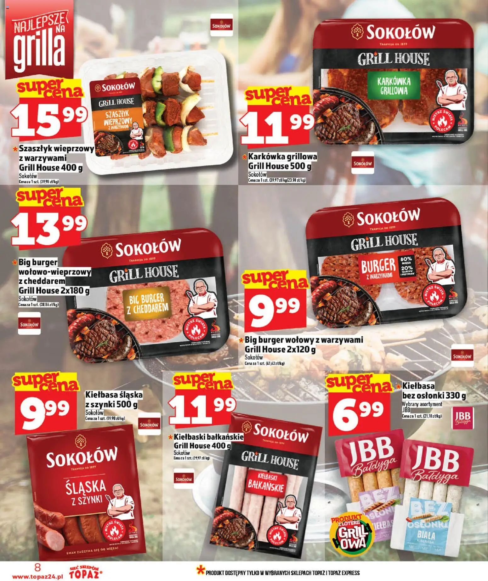 Topaz gazetka - Ceny małe na stałe od 07.05.2026 | Strona: 8 | Produkty: Burger wołowy, Karkówka, Grill, Kiełbasa śląska