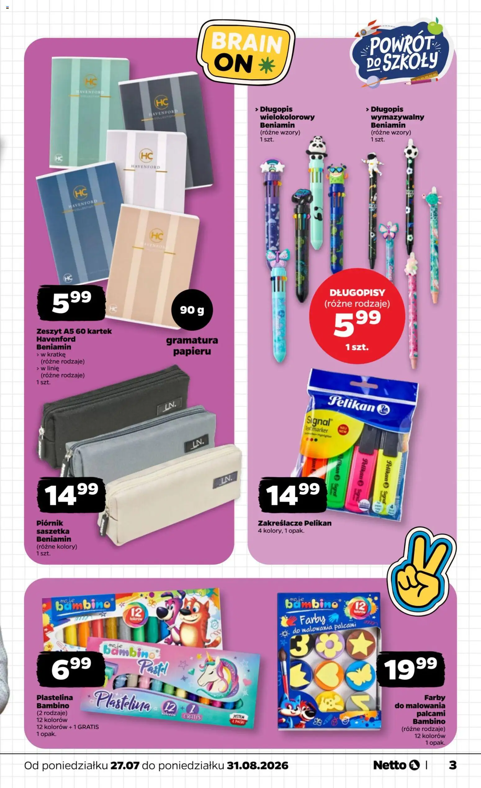 Netto gazetka - Powrót do szkoły od 27.07.2026 | Strona: 3 | Produkty: Plastelina, Notebook, Zeszyt, Długopisy