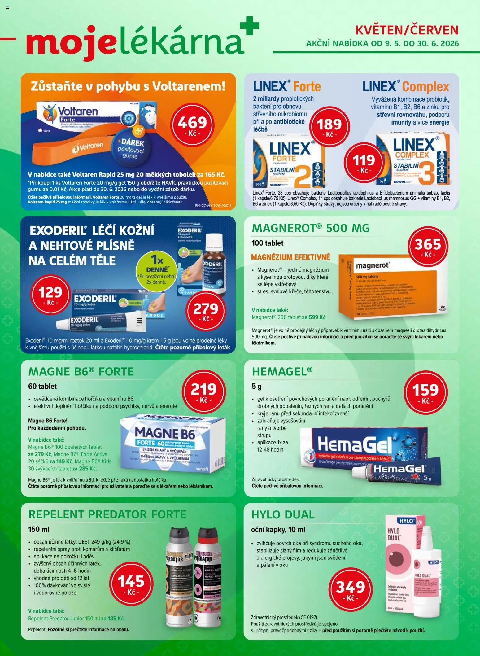 Moje lékárna leták od 09.05.2026 | Strana: 1 | Produkty: Voltaren Forte, Krém, Tablet, Vitamíny