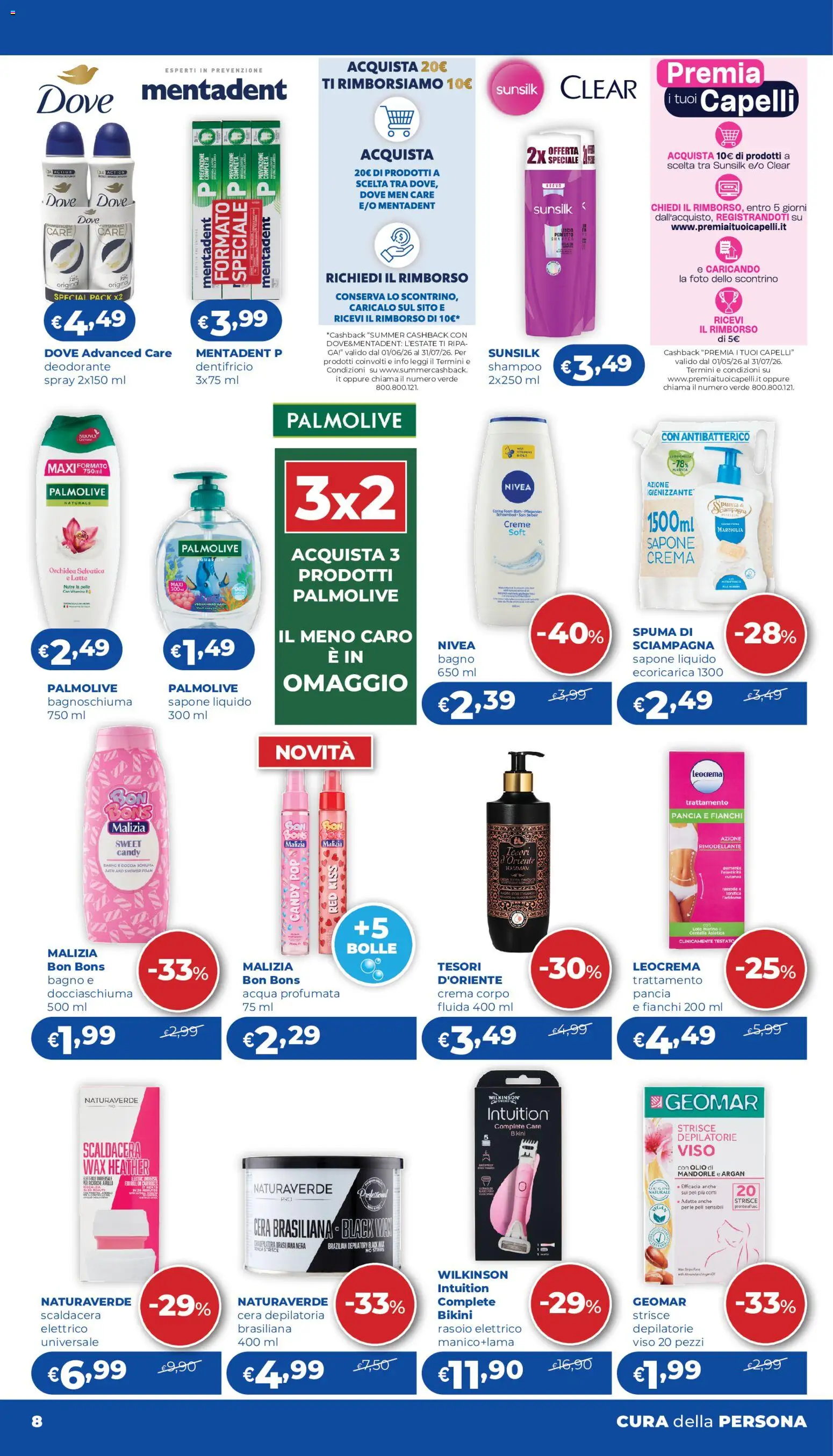 Volantino Acqua e Sapone del 02/07/2026 | Pagina: 8 | Prodotti: Shampoo, Dentifricio, Latte, Bagno