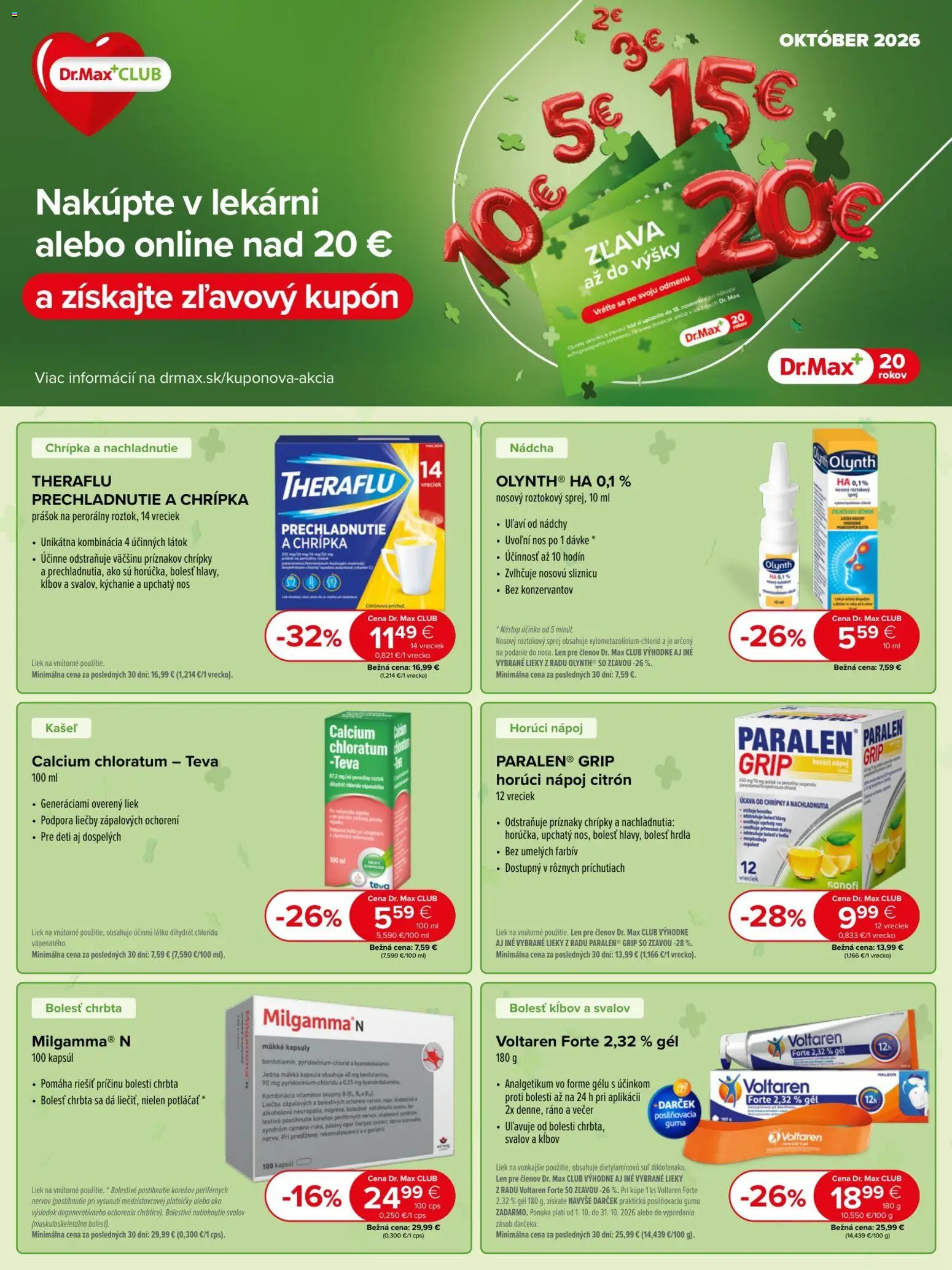Nové Dr. Max akcie – leták je platný od 01.10.2026 | Strana: 1 | Produkty: Milgamma, Theraflu, Voltaren, Soľ