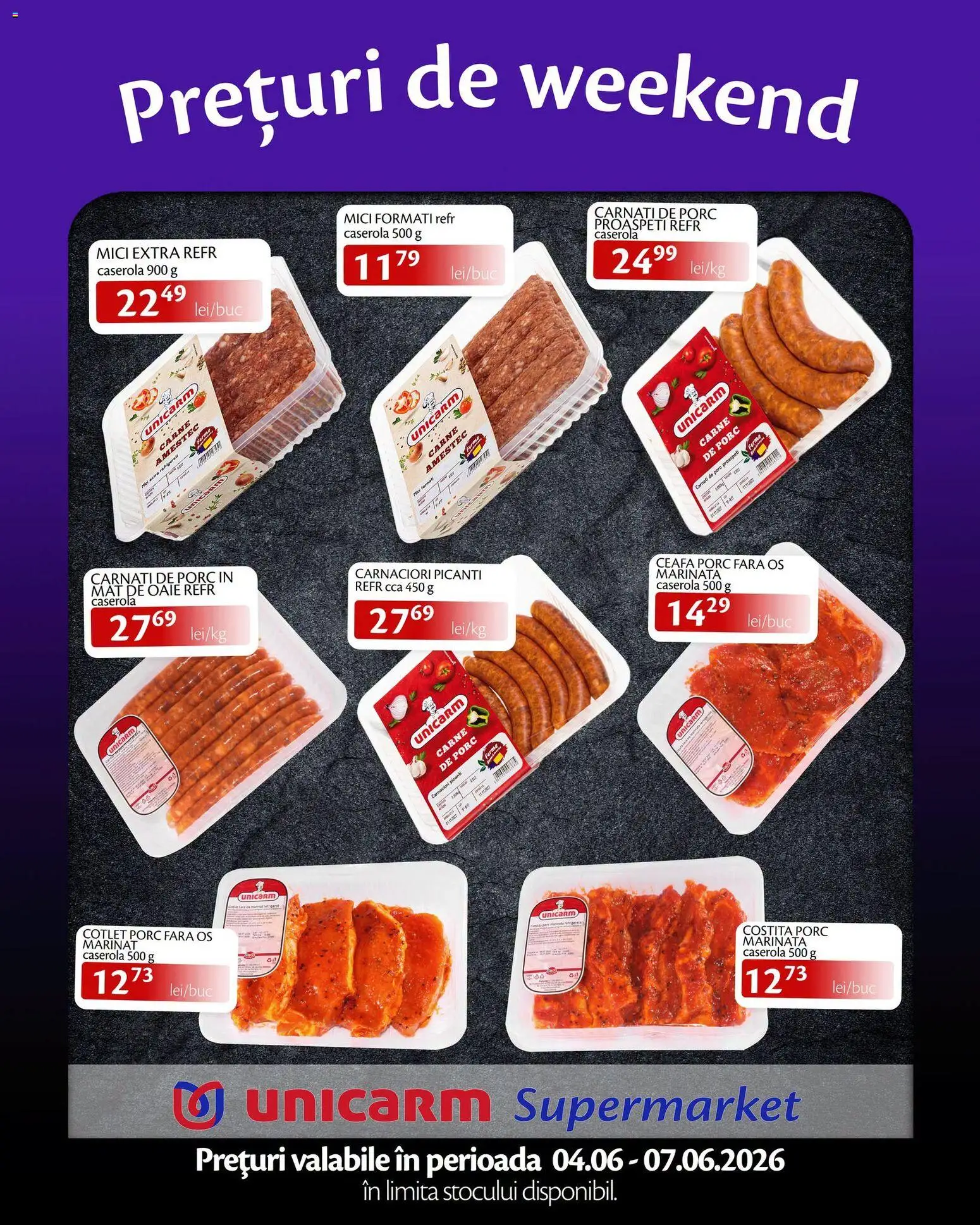 Noul catalog Unicarm – valabil de la 04.06.2026 | Pagină: 2 | Produse: Cotlet porc, Mici, Carne De Porc, Cârnați