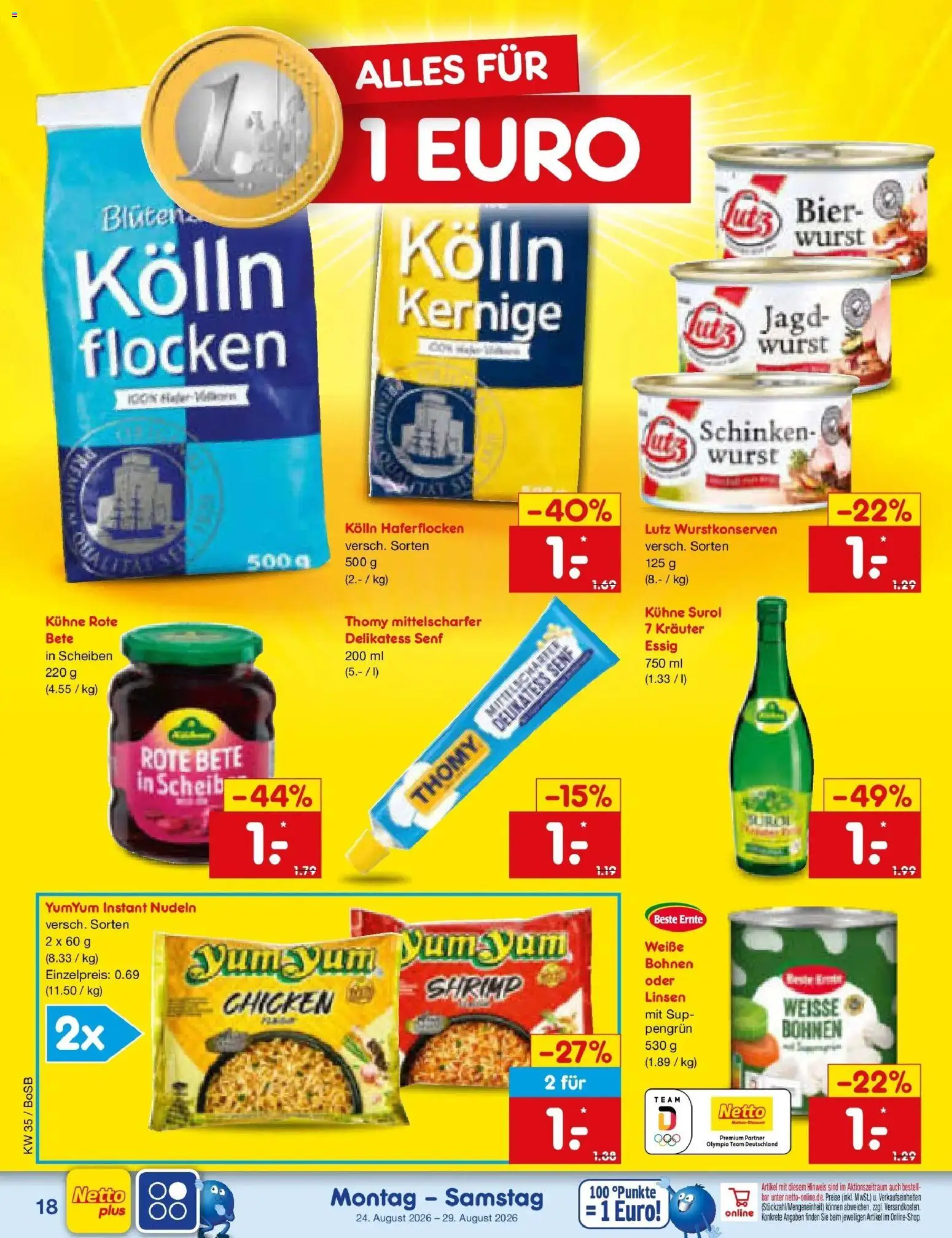 Netto Marken-Discount Prospekt Bochum – gültig ab 24.08.2026 | Seite: 28 | Produkte: Kolln haferflocken, SUP, Schinken, Flocken