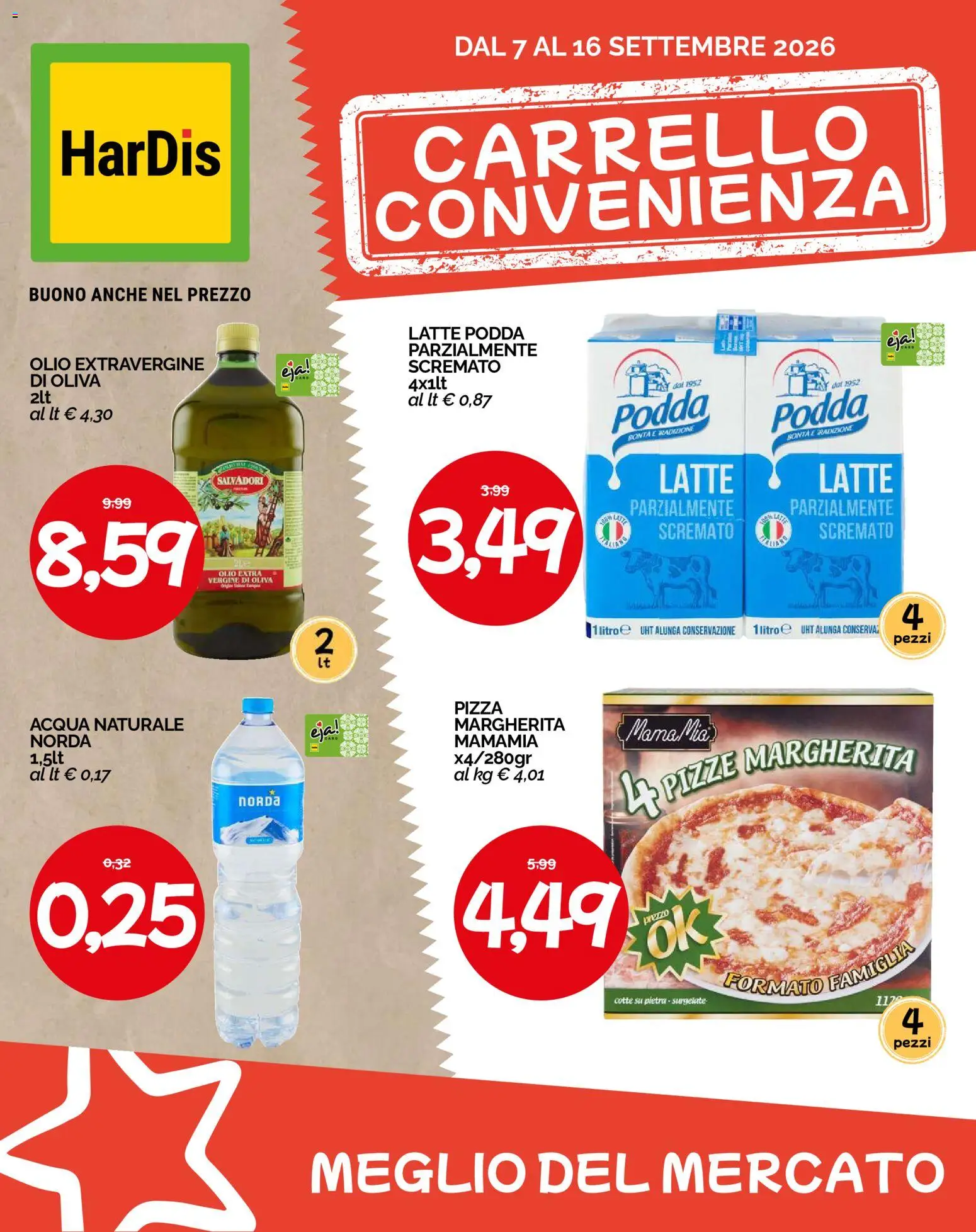 Volantino HarDis del 07/09/2026 | Pagina: 1 | Prodotti: Acqua, Olio, Carrello, Acqua naturale