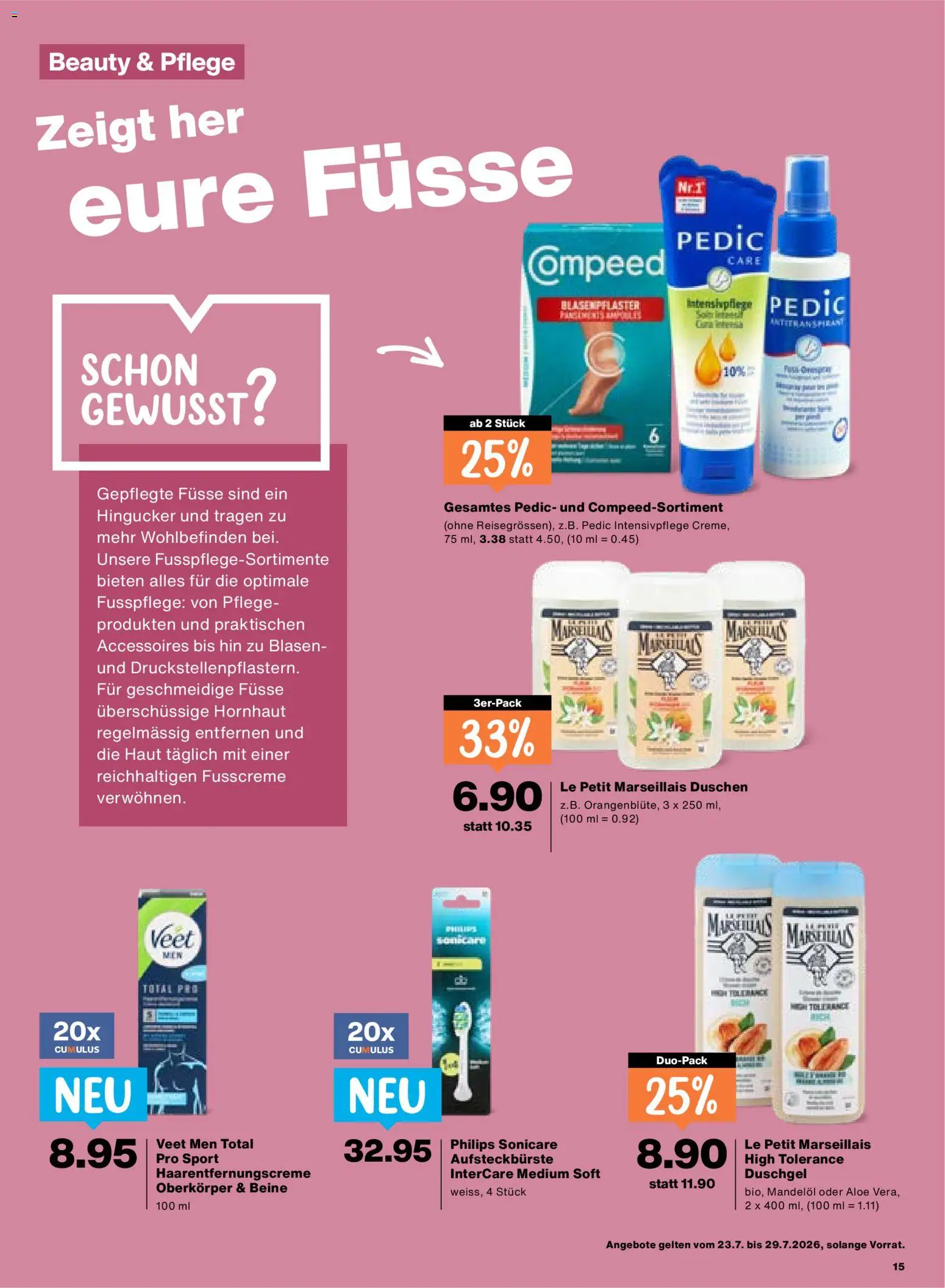 Migros aktionen – gültig ab 23.07.2026 | Seite: 15 | Produkte: Duschgel, Haarentfernungscreme, Fußcreme, Philips