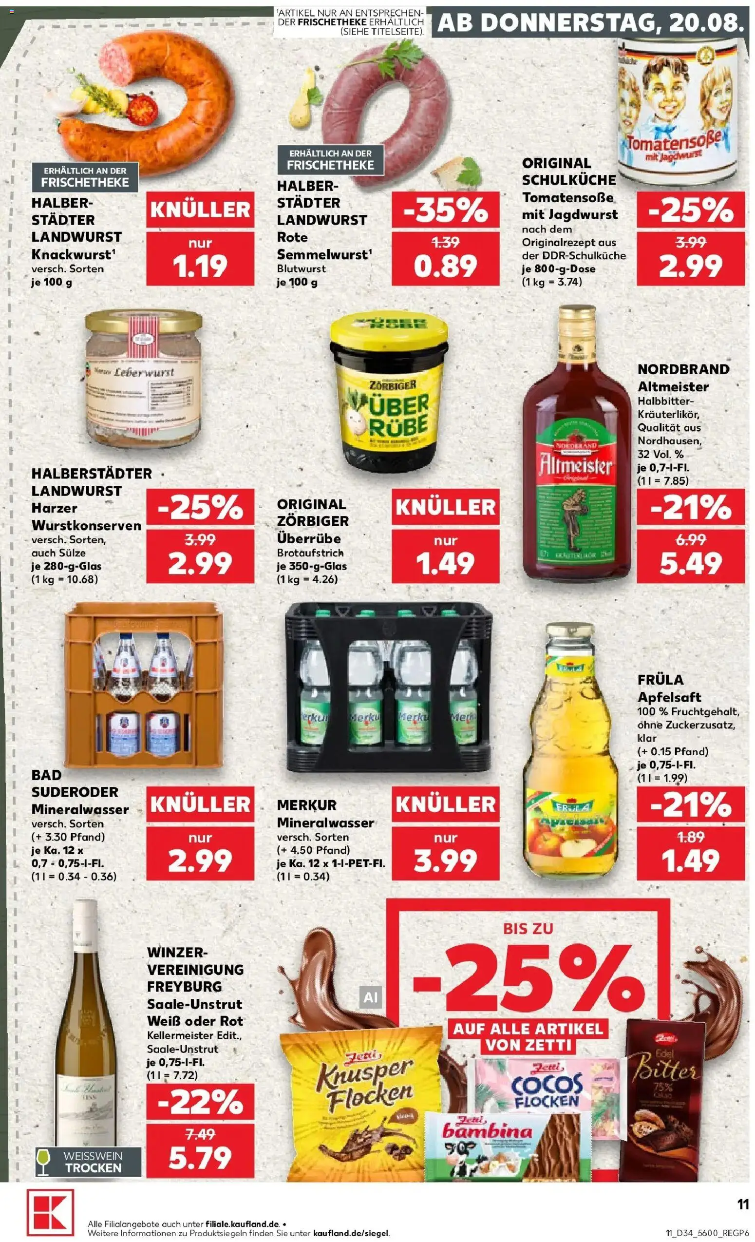 Kaufland Prospekt Thale – gültig ab 20.08.2026 | Seite: 11 | Produkte: Weißwein, Apfelsaft, Mineralwasser, Flocken
