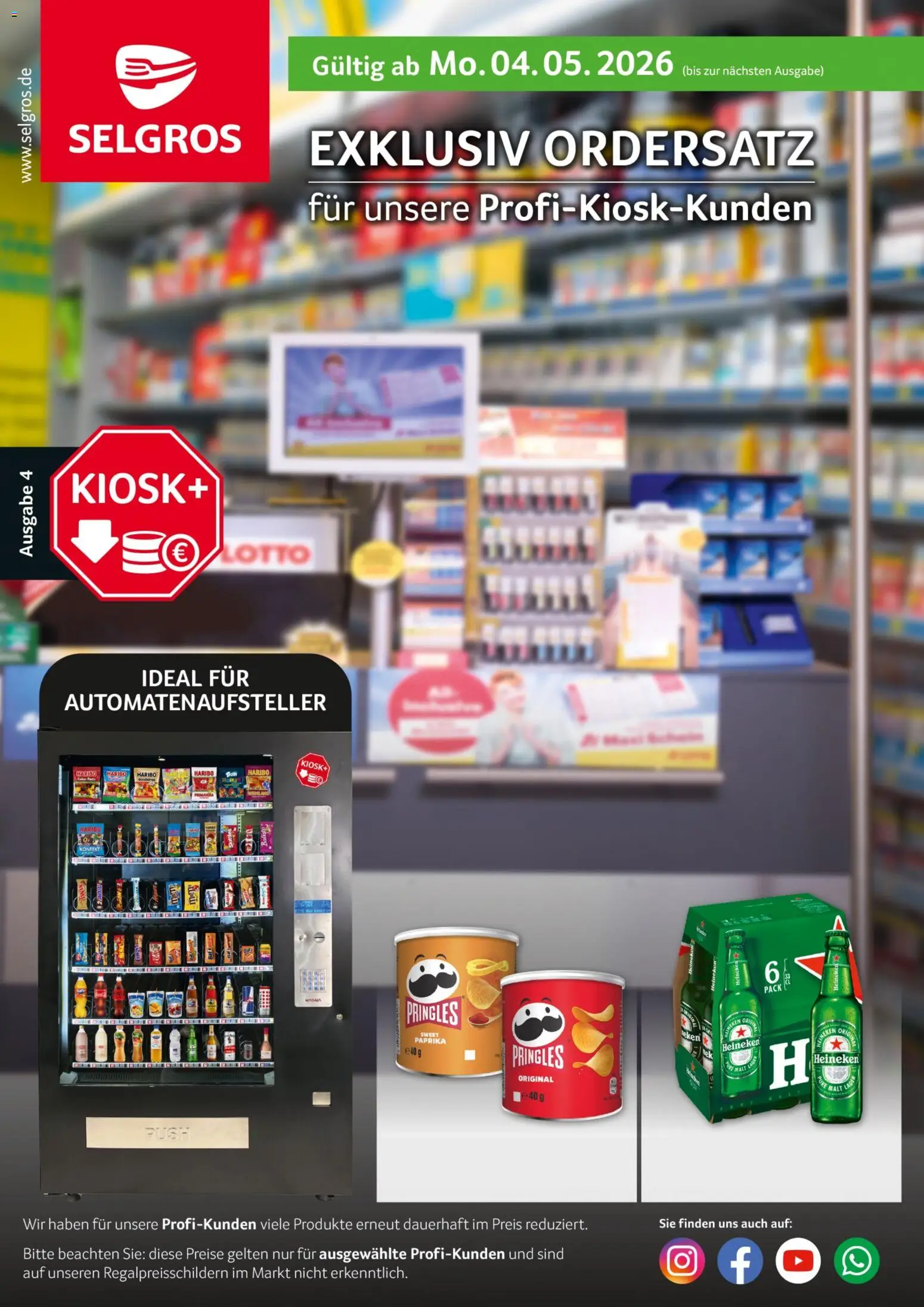 Selgros Kiosk-Ordersatz – gültig ab 04.05.2026 | Seite: 1 | Produkte: Haribo, Heineken, Paprika, Pringles