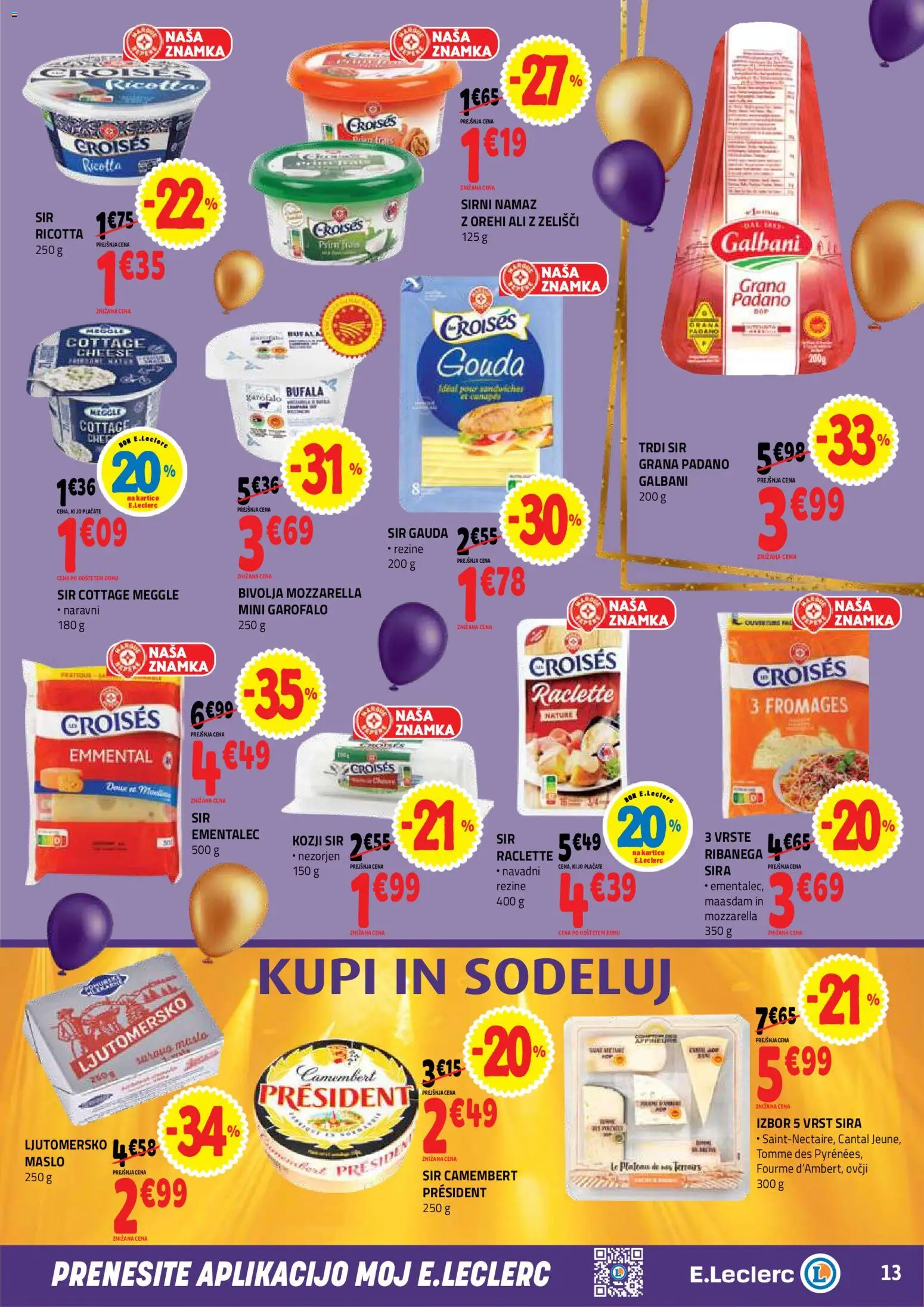 Novi E.leclerc katalog ponudbe – veljaven od 21.10.2026 | Stran: 13 | Izdelki: Sirni namaz, Gauda, Ementalec, Cottage cheese
