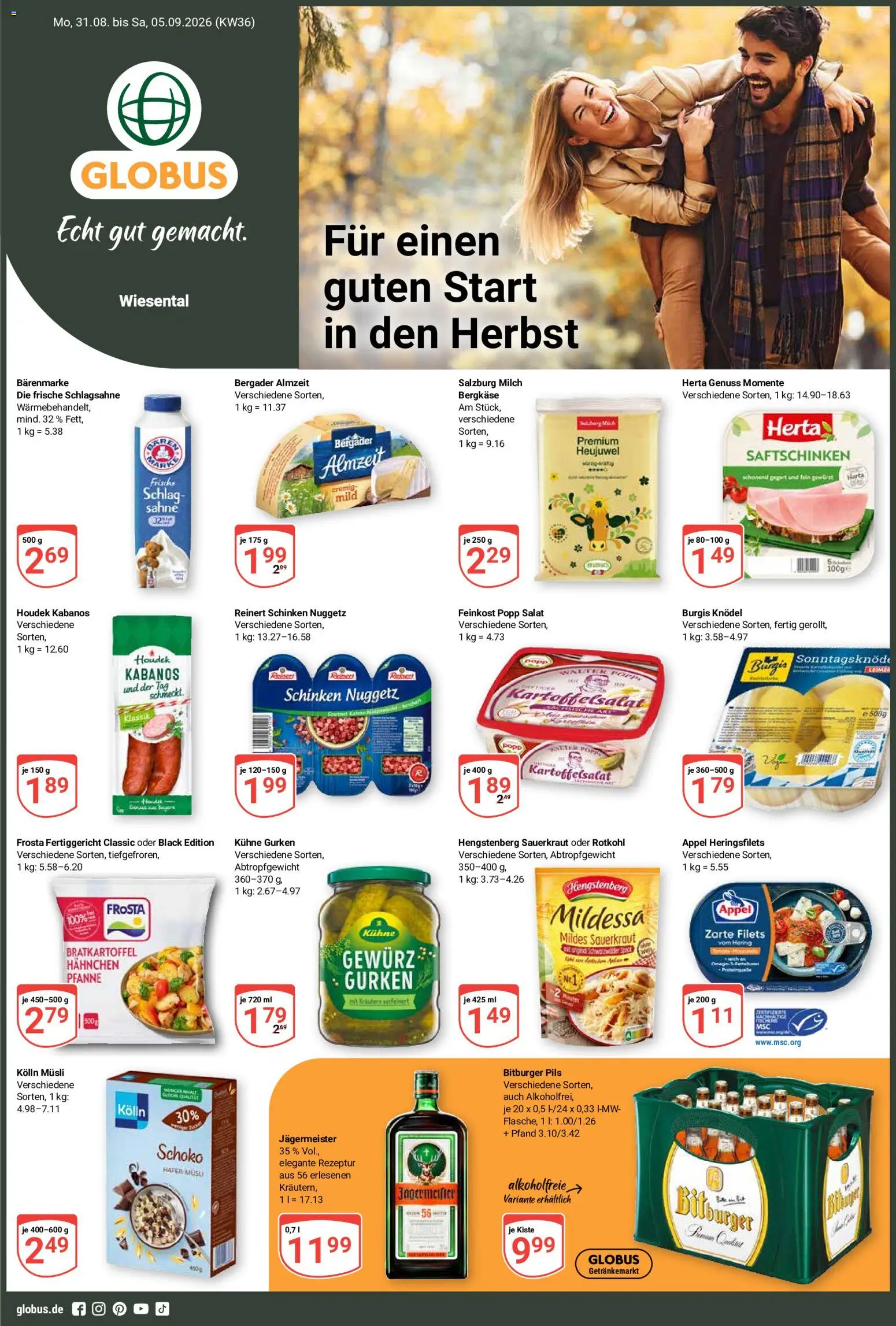 Globus Prospekt Waghäusel-Wiesental – gültig ab 31.08.2026 | Seite: 1 | Produkte: Hahnchen, Milch, Pils, Schinken