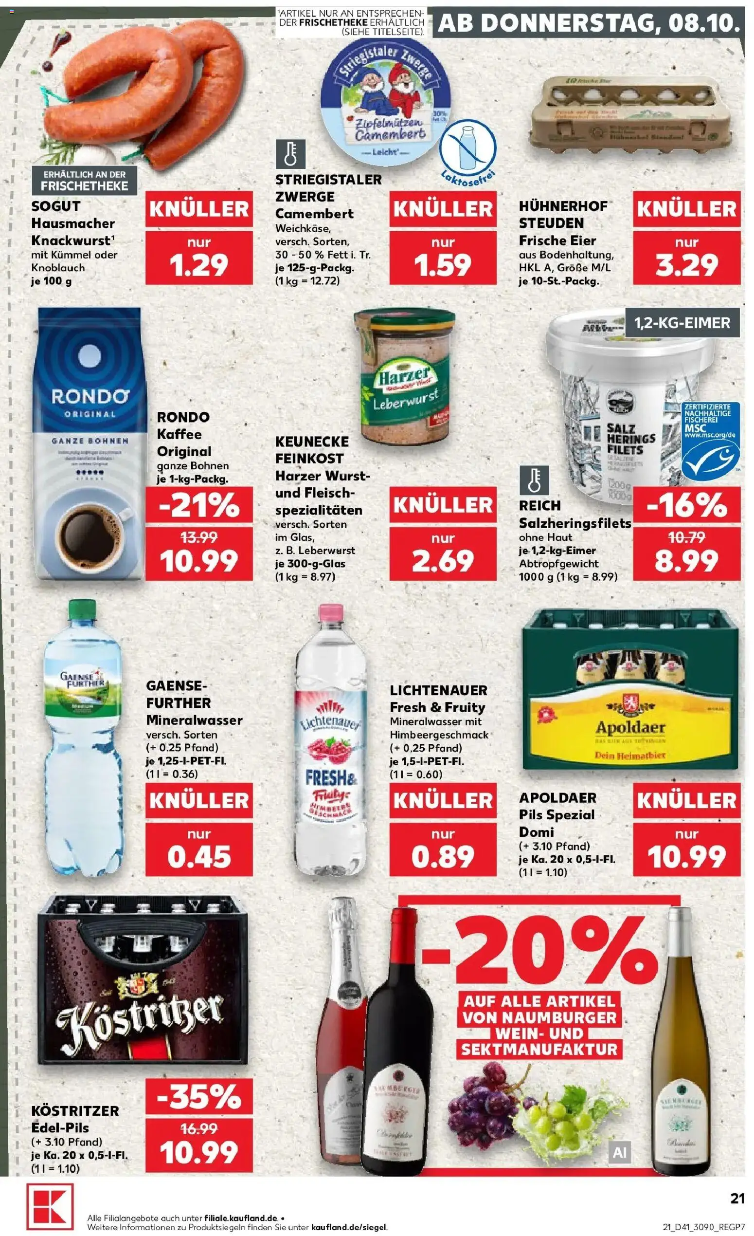 Prospekt Kaufland ab 08.10.2026 » Angebote Online zum Blättern | Seite: 21 | Produkte: Kostritzer, Kaffee, Camembert, Fleisch