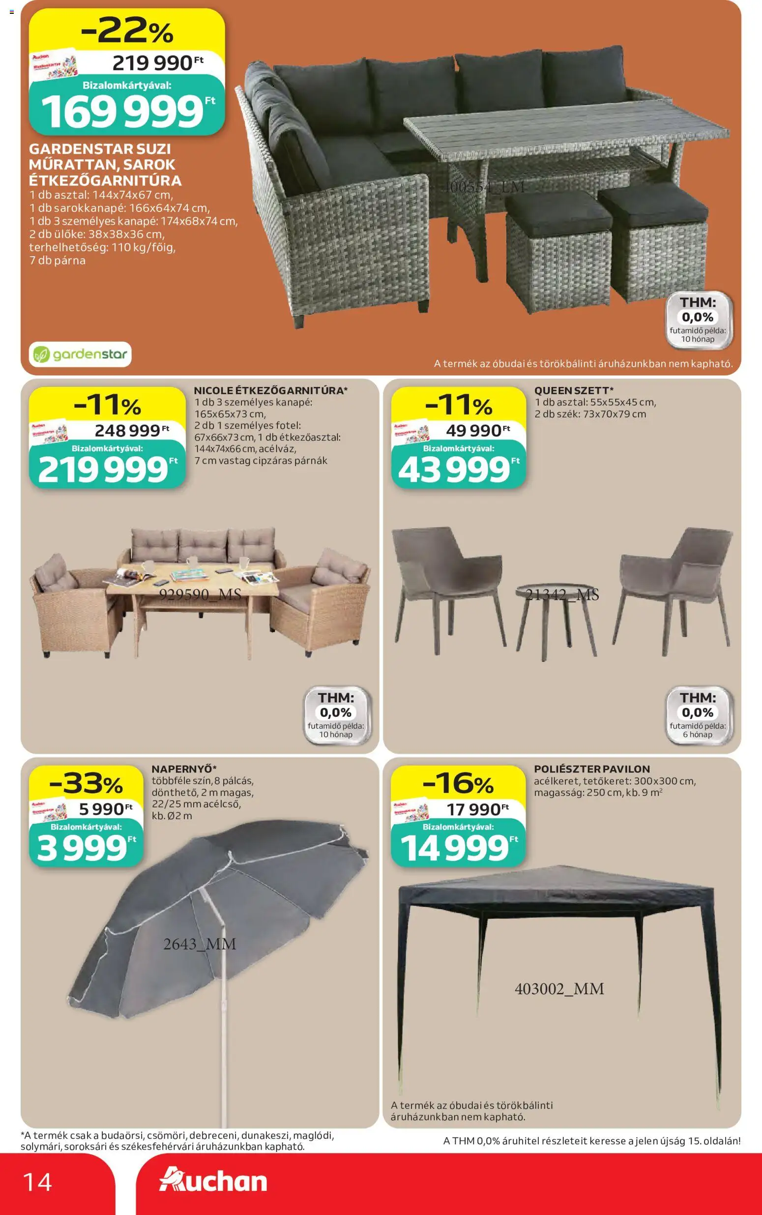 Auchan akciós ujság - amely érvényes a következő dátumtól: 11.06.2026 | Oldal: 14 | Termékek: Étkezőasztal, Pavilon, Kanapé, Fotel