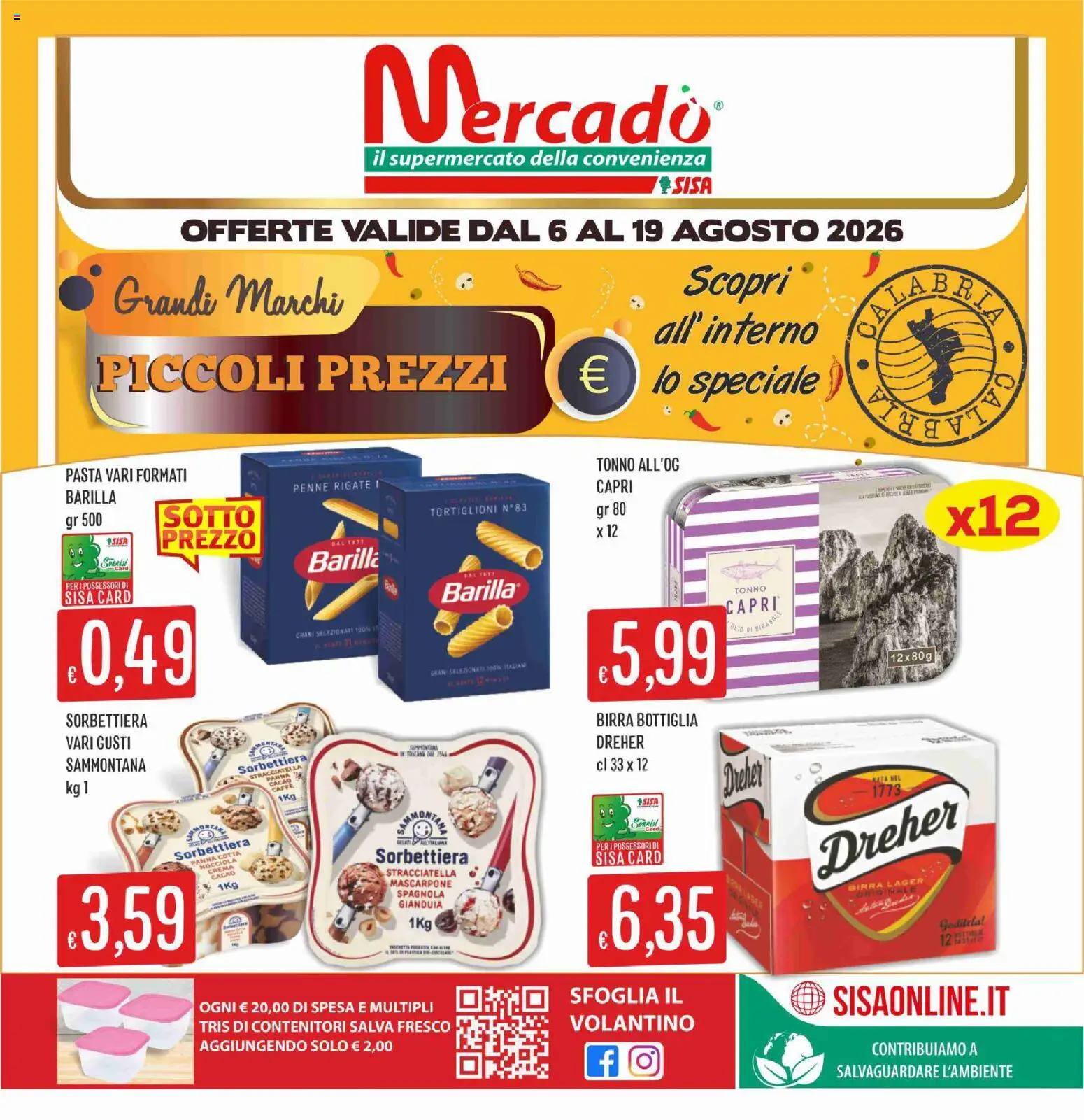 Volantino SISA del 06/08/2026 | Pagina: 1 | Prodotti: Crema, Caffè, Tonno, Mascarpone