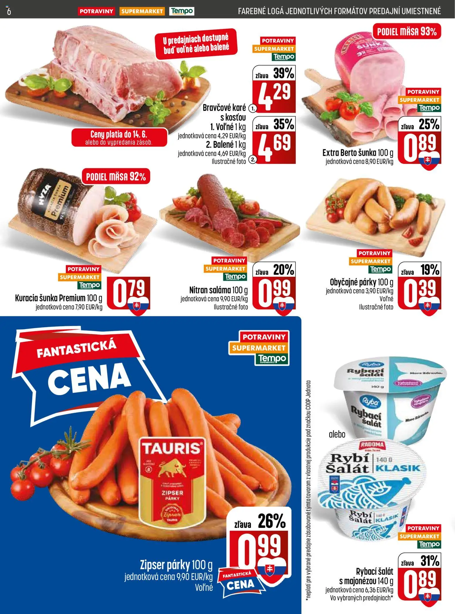 Nové COOP Jednota akcie – leták je platný od 11.06.2026 | Strana: 6 | Produkty: Šunka, Šalát, Párky, Bravčové karé