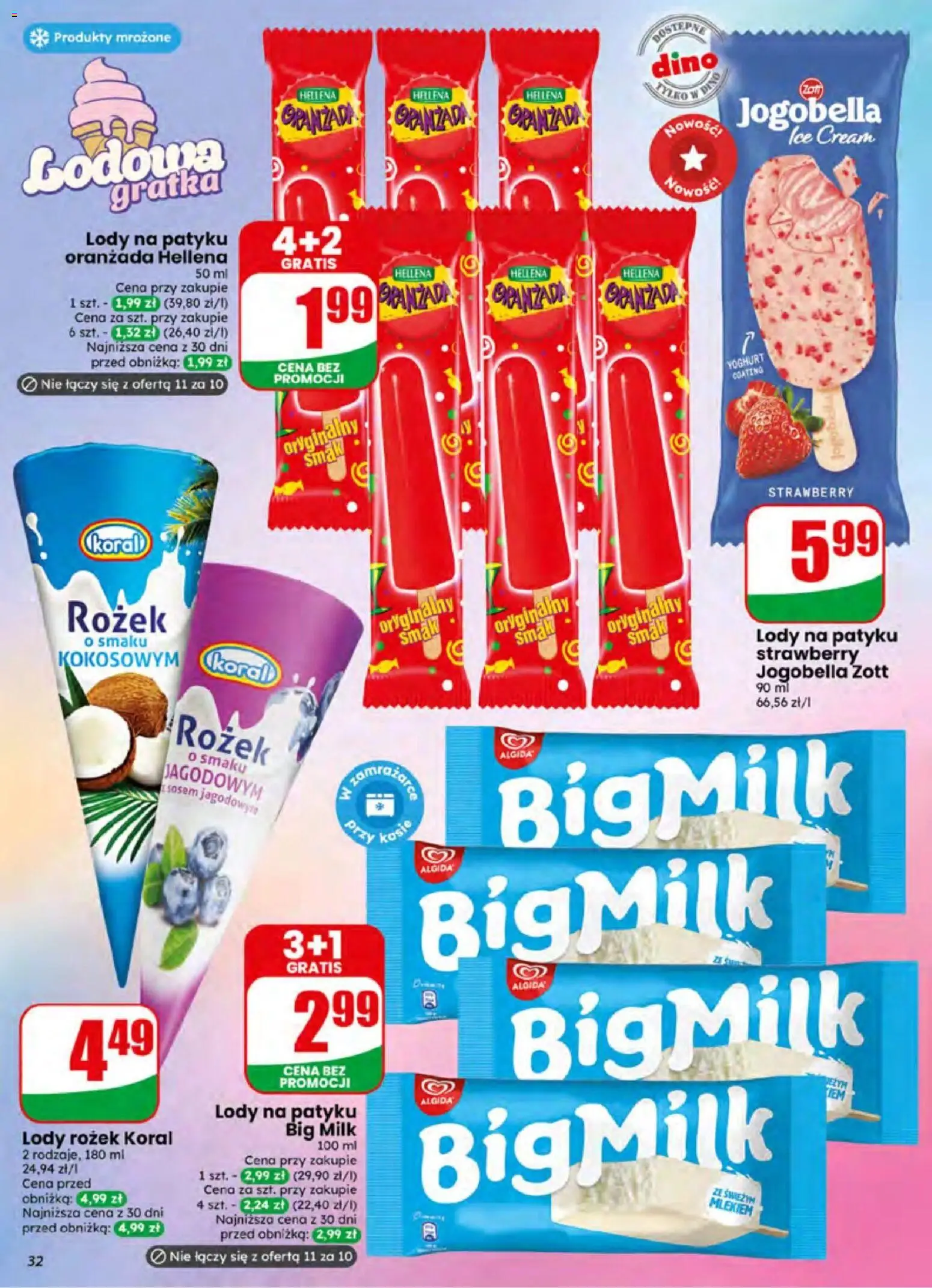 Dino gazetka od 01.07.2026 | Strona: 32 | Produkty: Oranżada hellena, Big Milk, Lody na patyku, Lody