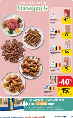 Kippenbouten, Kippenbouten Carrefour in bakje van 5 kg 3.12/kg - Voordeel 10.40 - Voorbeeld van een folder van Carrefour, geldig van 16/09/2026 | Pagina: 15 | Producten: Drumsticks, Kippenbouten