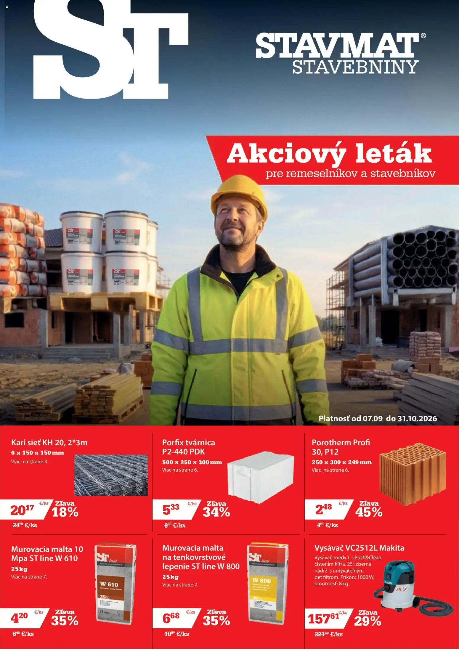 Nové STAVMAT STAVEBNINY akcie – leták je platný od 07.09.2026 | Strana: 1 | Produkty: Vysávač, Porfix